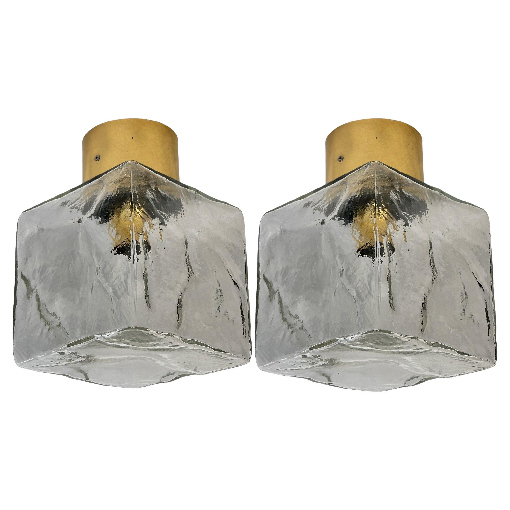 Pair of Large Ice Glass Cube Brass Flush Mount Light Fixture by Kalmar, Austria For Sale