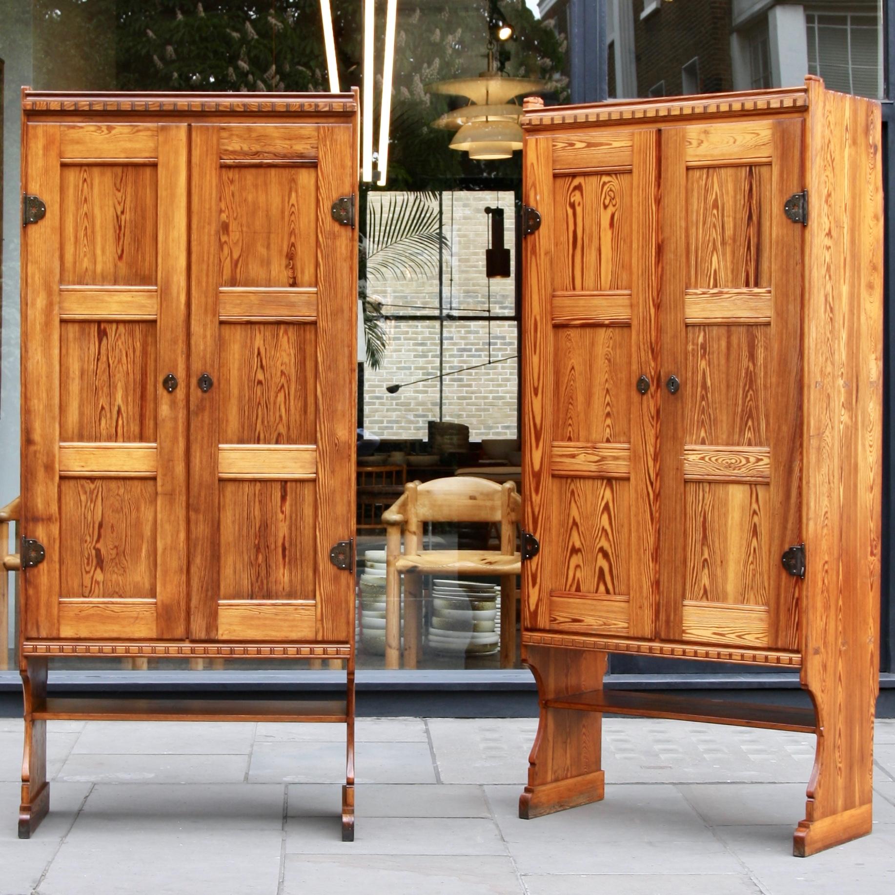 A pair of free-standing cabinets designed by architect Martin Nyrop and made by Rudolph Rasmussen circa 1900.
The cupboards until recently were part of Copenhagen City Hall, the Danish Art Nouveau* National Romantic style building they were