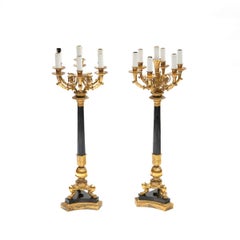Pair of Large Impressive French Charles X Gilt and Patinated Bronze Candelabras