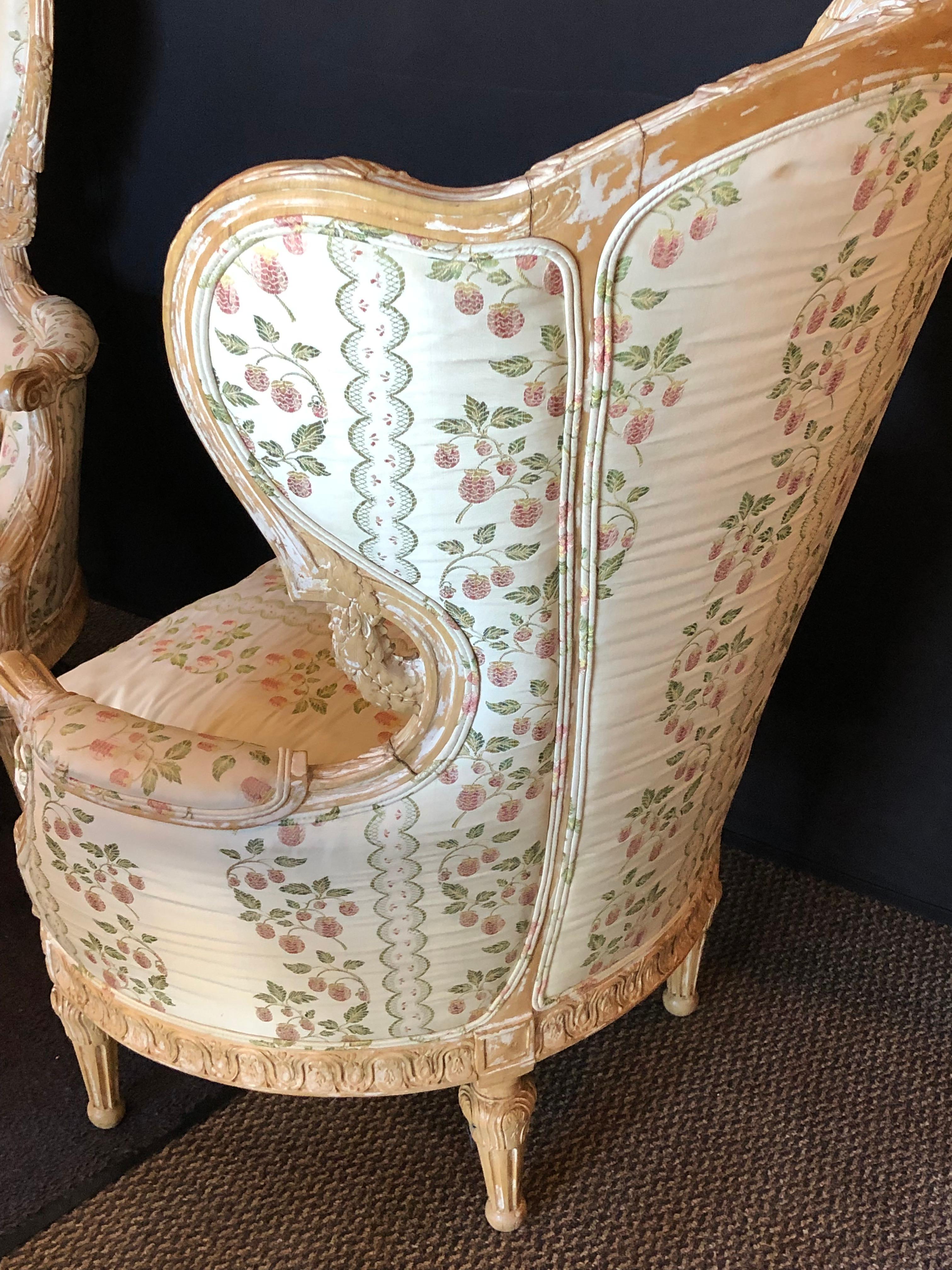 Pair of Large Impressive High Back Distressed Carved Framed Wing Back Armchairs 1