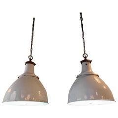 Vintage Pair of Large Industrial Enameled Steel Dome Factory Pendant Lights