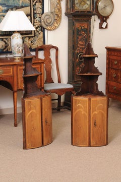 Pair of Large Inlaid Hanging Corner Cupboards in Walnut, France, circa 1790