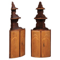 Pair of Large Inlaid Hanging Corner Cupboards in Walnut, France, circa 1790