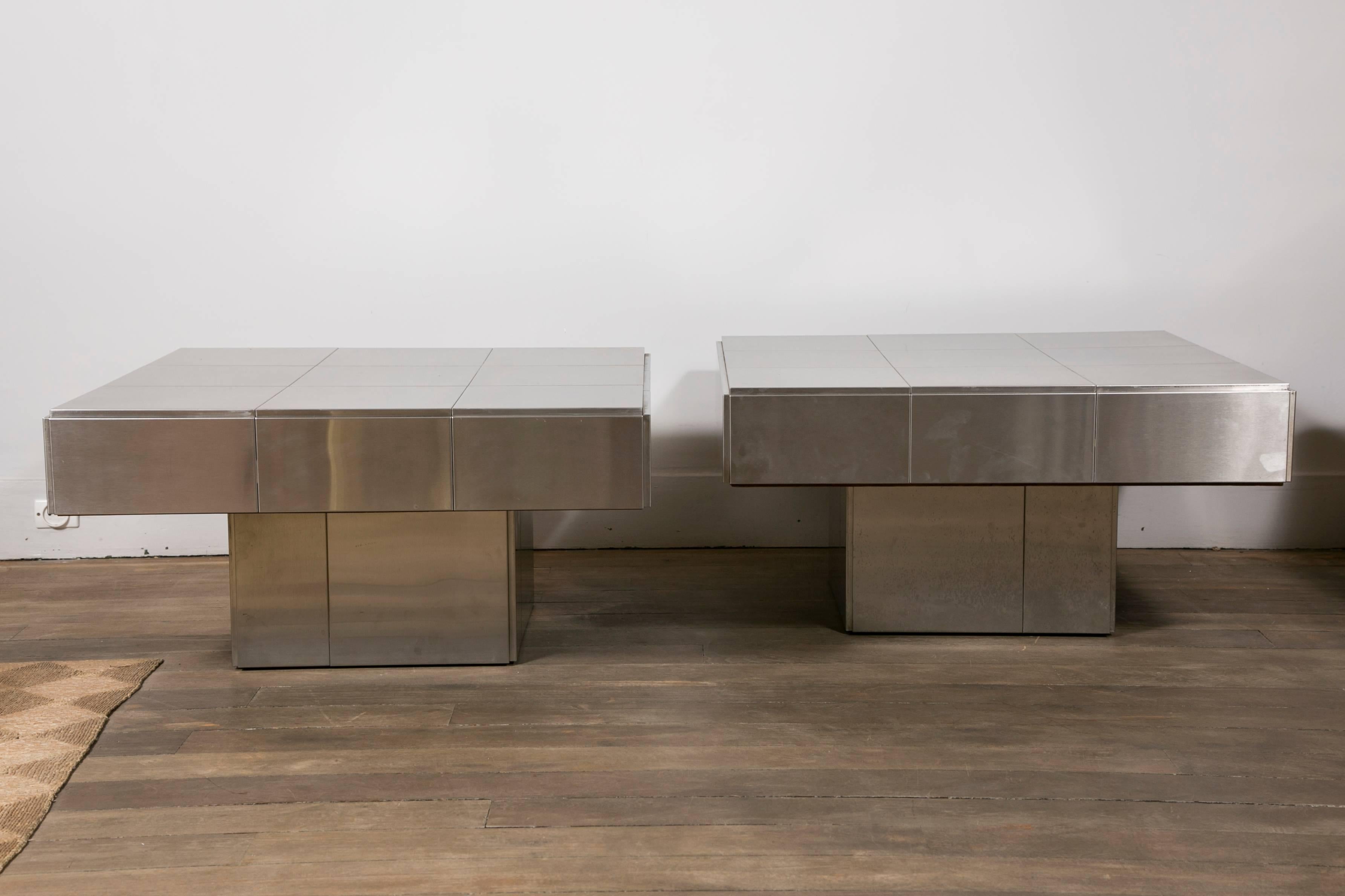 A pair of square large inox / stainless steel end tables.
Inspired by Paul Evans 