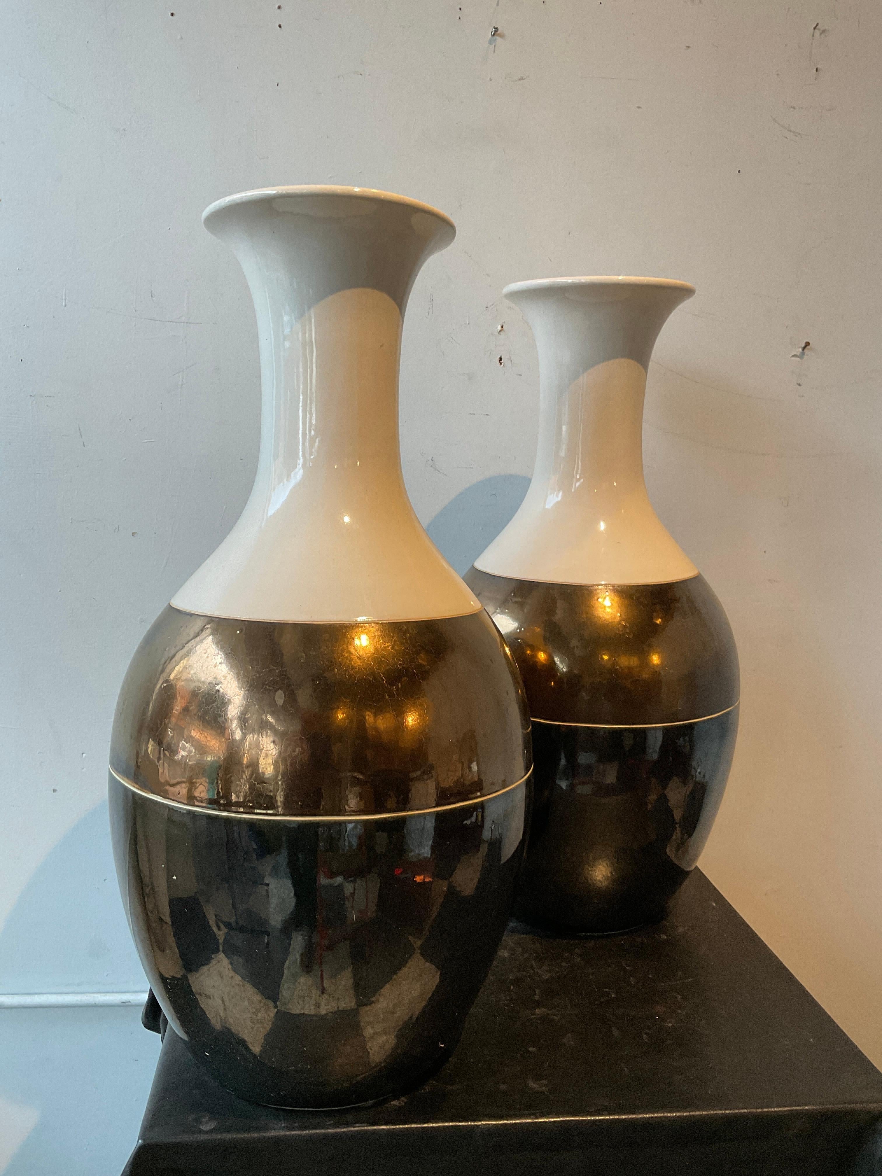 Pair Of Large Interlude Ceramic Metallic Vases In Good Condition For Sale In Tarrytown, NY