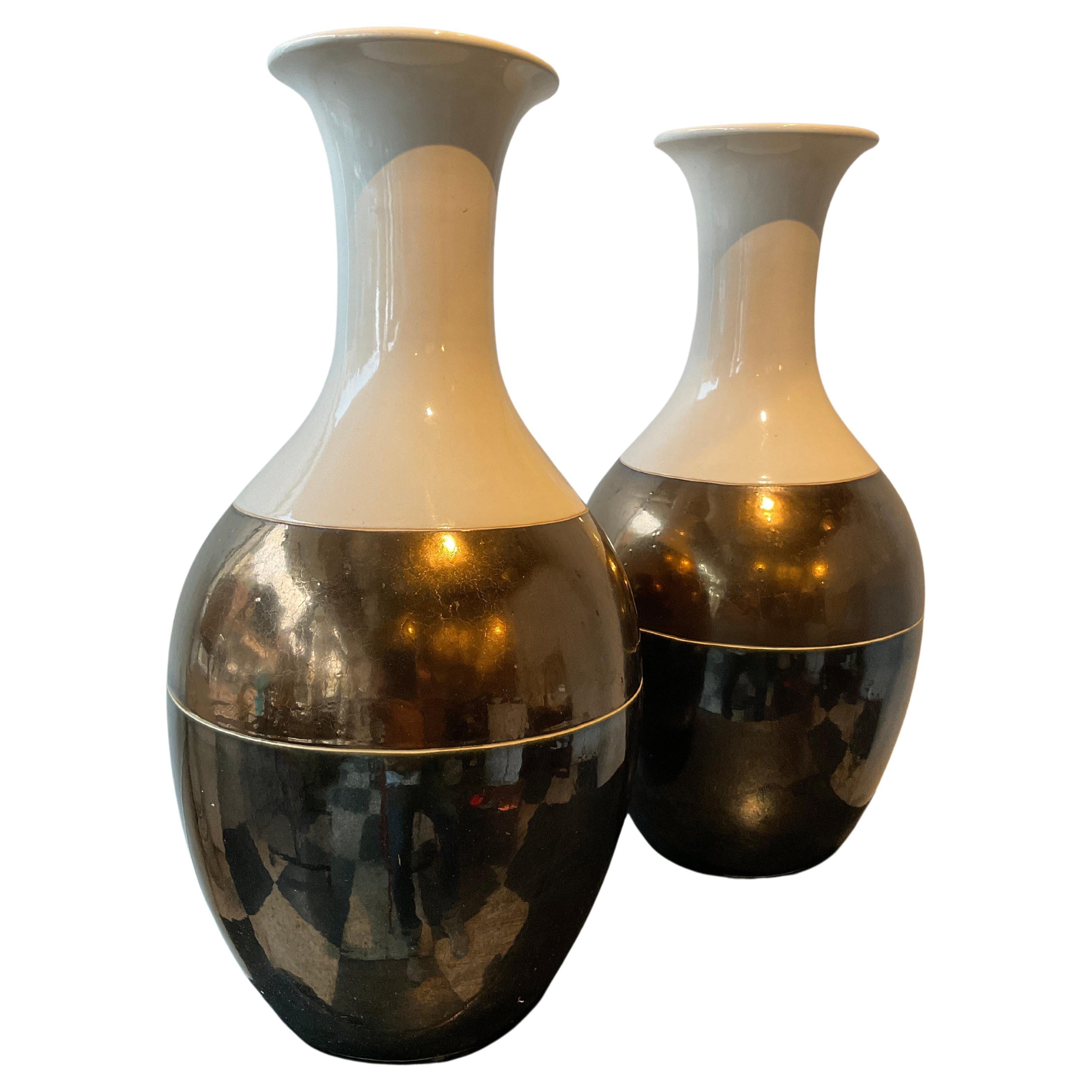 Pair Of Large Interlude Ceramic Metallic Vases For Sale