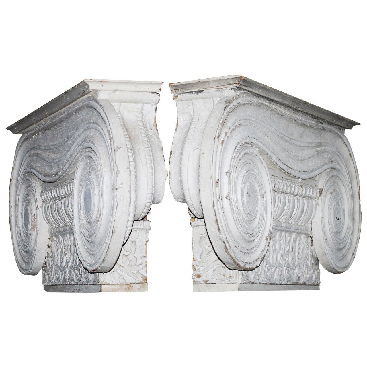 Pair of Large Ionic Painted Wood Capitals