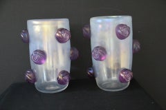 Pair of Large Iridescent Murano Glass Vases With Roses Decor by Cenedese