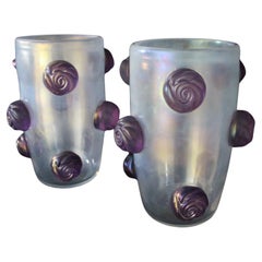 Pair of Large Iridescent Murano Glass Vases With Roses Decor by Cenedese