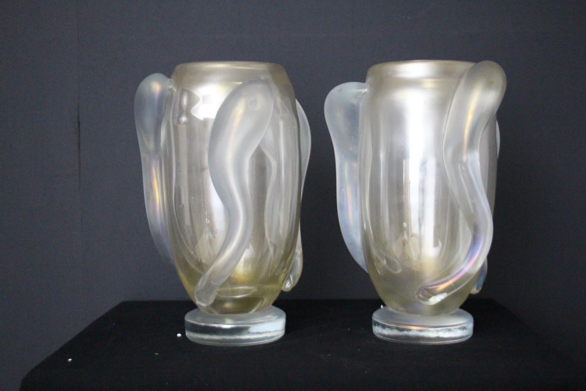 Italian Pair of Large Iridescent Pearly Murano Glass Vases by Costantini For Sale
