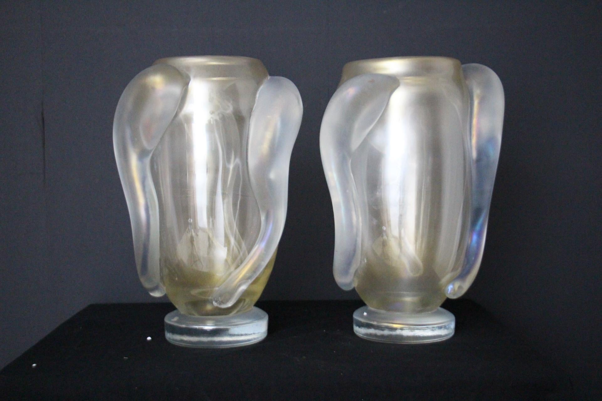 Pair of Large Iridescent Pearly Murano Glass Vases by Costantini In Excellent Condition For Sale In Saint-Ouen, FR