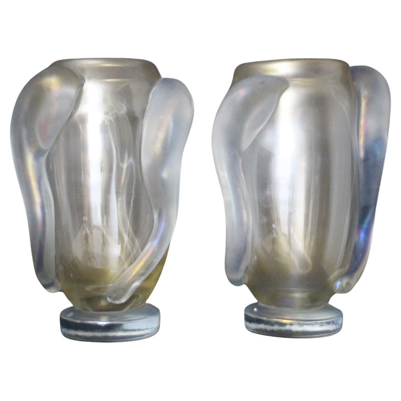 Pair of Large Iridescent Pearly Murano Glass Vases by Costantini
