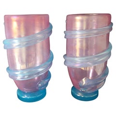 Vintage Pair of Large Iridescent Pearly Pink and Turquoise Murano Glass Vases
