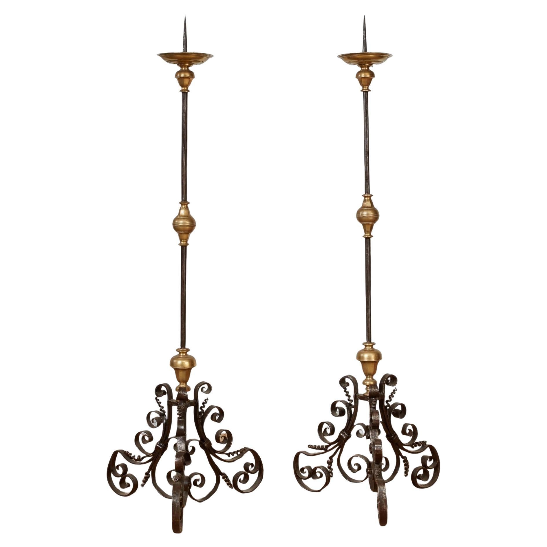 Pair of Large Iron and Bronze Torcheres For Sale