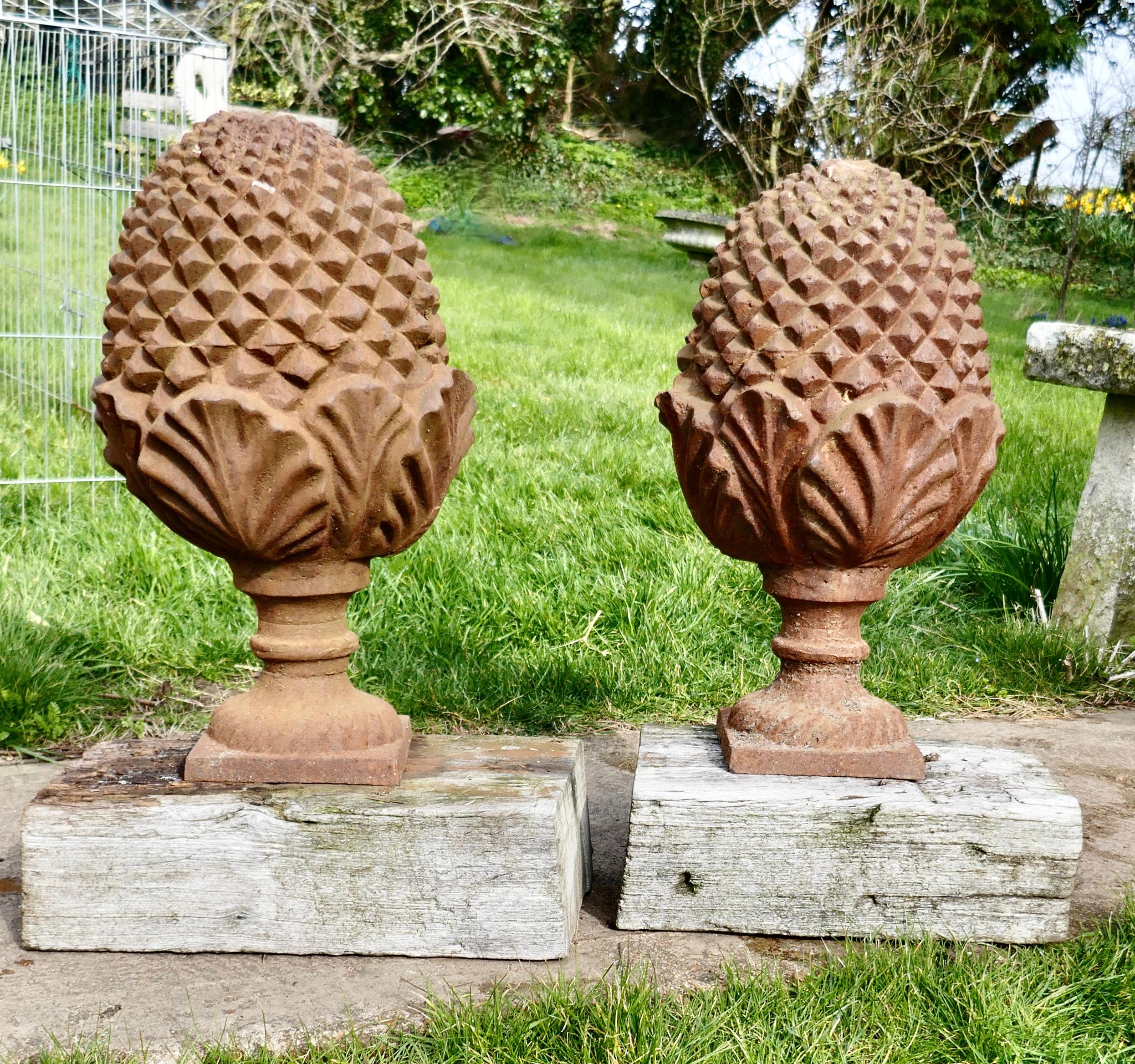 Neoclassical Pair of Large Iron Gate Post Finials in the Shape of Pine Cone    For Sale