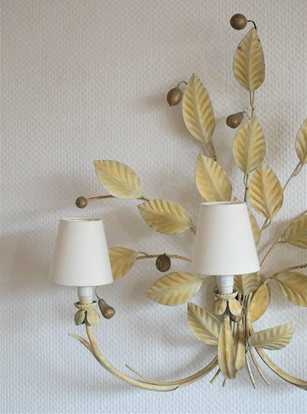 Mid-Century Modern Pair of Large Iron Handcrafted Foliage Three-Light Wall Sconces, 1960s For Sale