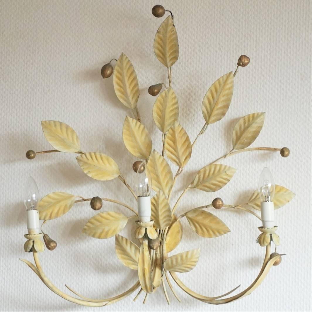 Hand-Crafted Pair of Large Iron Handcrafted Foliage Three-Light Wall Sconces, 1960s For Sale
