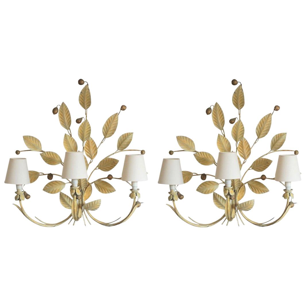 Pair of Large Iron Handcrafted Foliage Three-Light Wall Sconces, 1960s For Sale