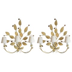 Pair of Large Iron Handcrafted Foliage Three-Light Wall Sconces, 1960s
