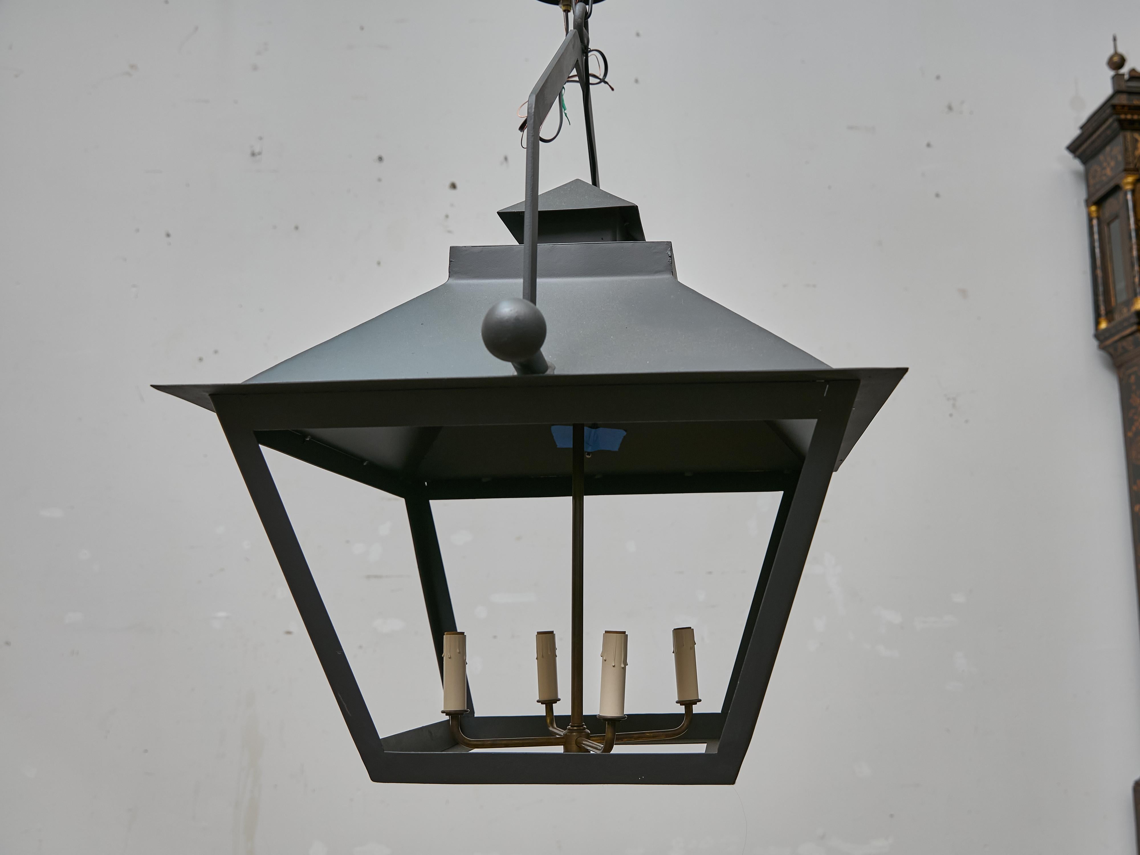 Pair of Large Iron Lanterns with Four Lights and Architectural Design For Sale 6