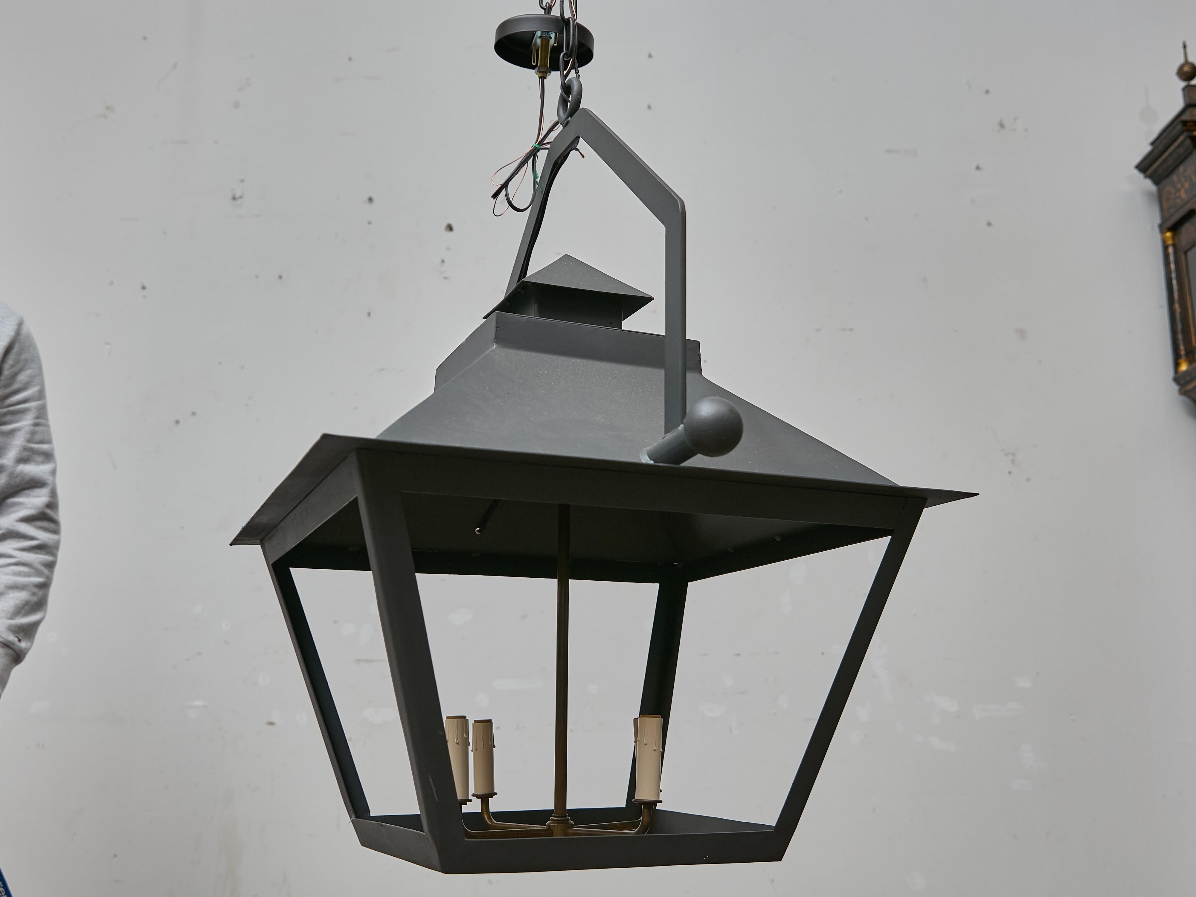 Pair of Large Iron Lanterns with Four Lights and Architectural Design For Sale 7