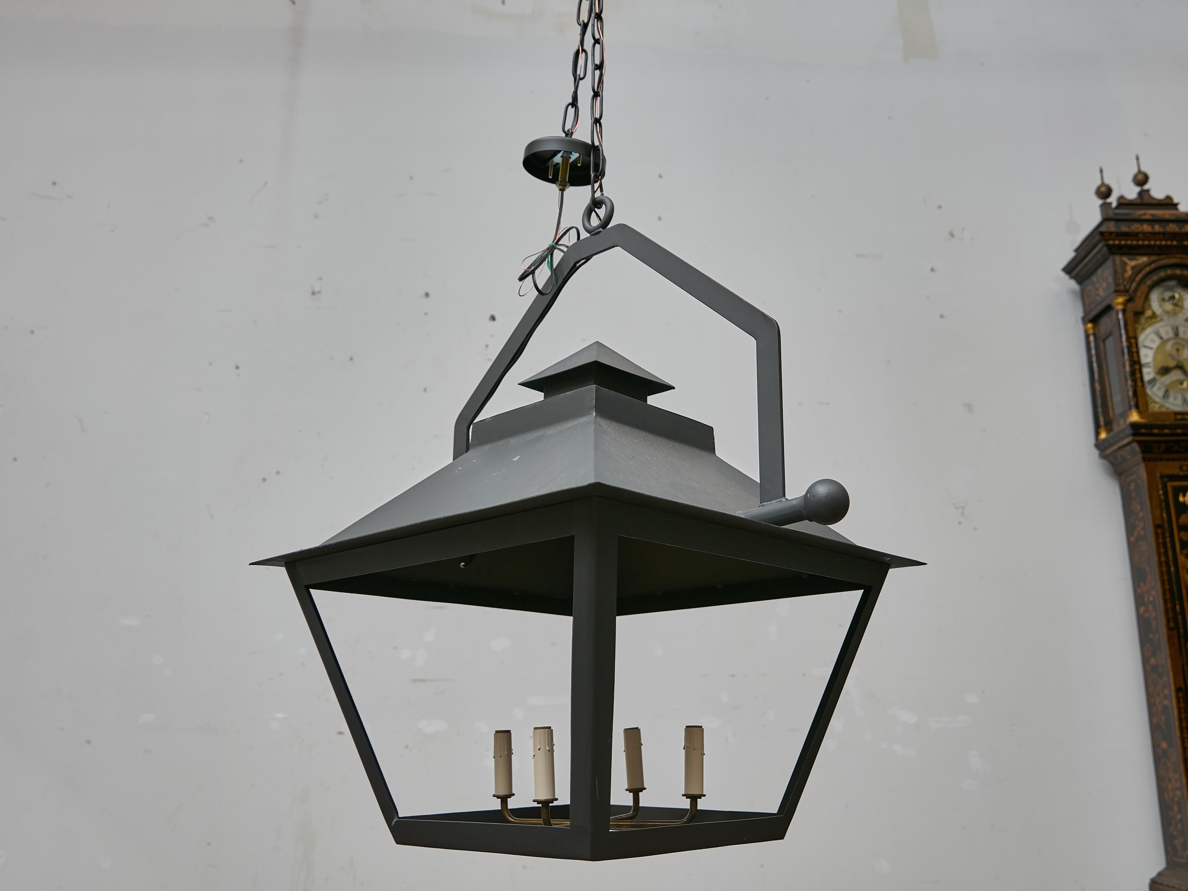 Pair of Large Iron Lanterns with Four Lights and Architectural Design For Sale 8