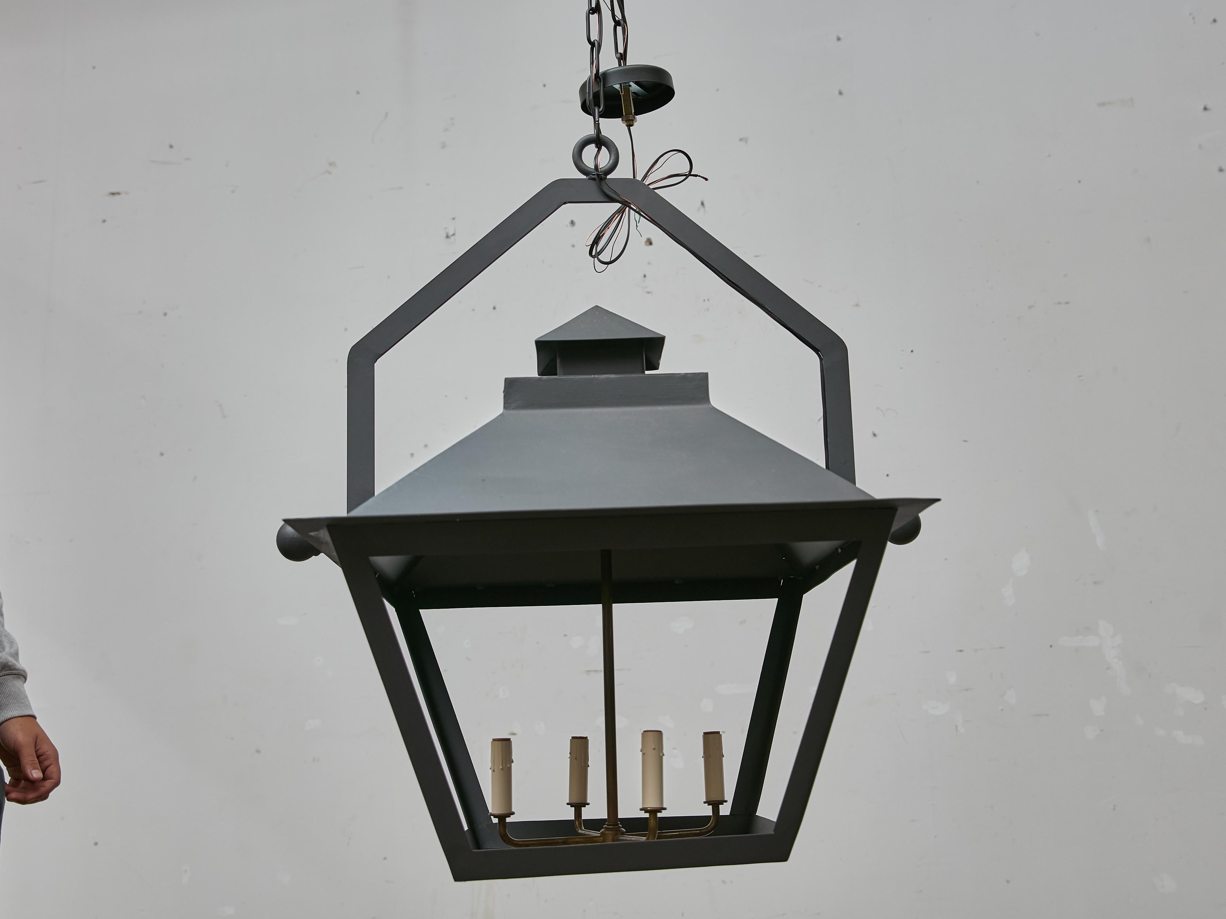 Pair of Large Iron Lanterns with Four Lights and Architectural Design For Sale 11