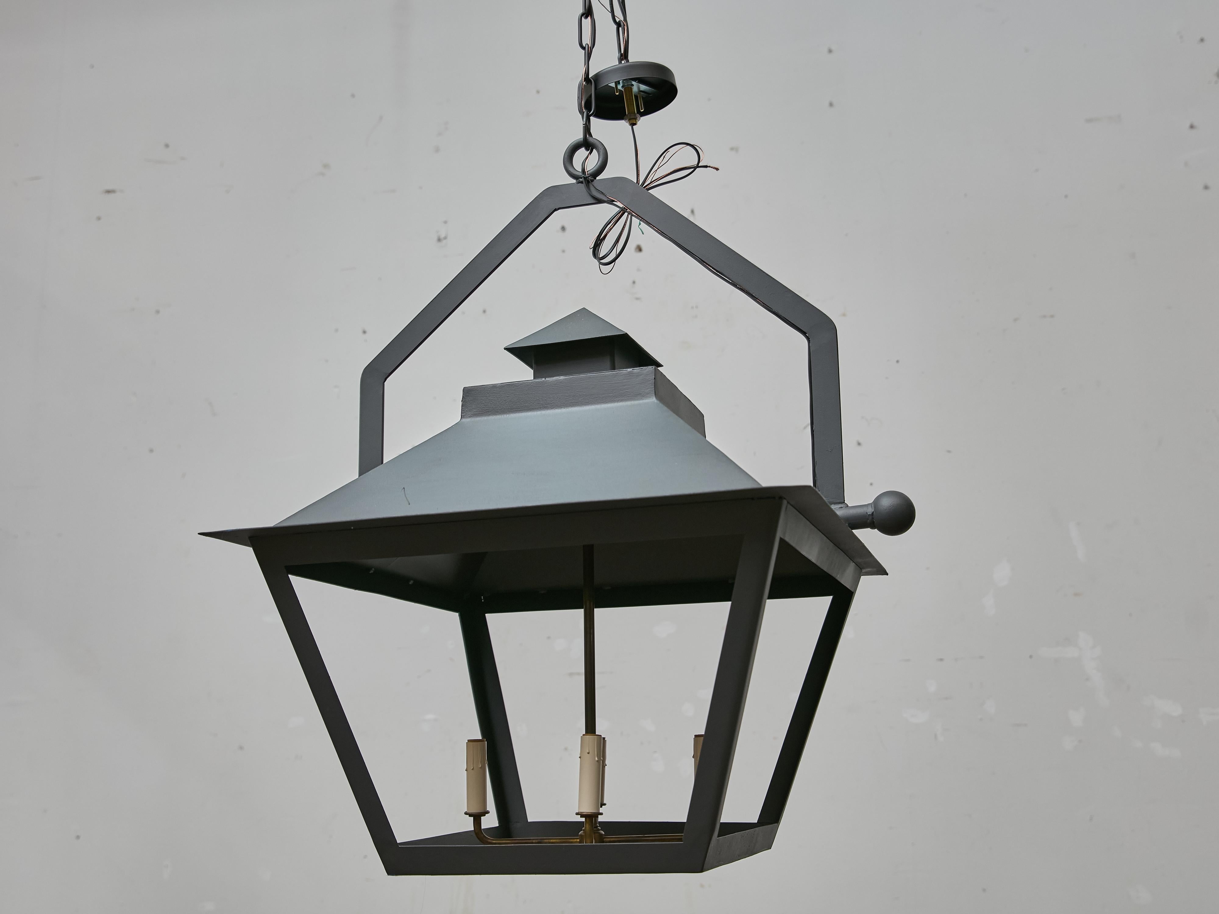 Pair of Large Iron Lanterns with Four Lights and Architectural Design For Sale 12