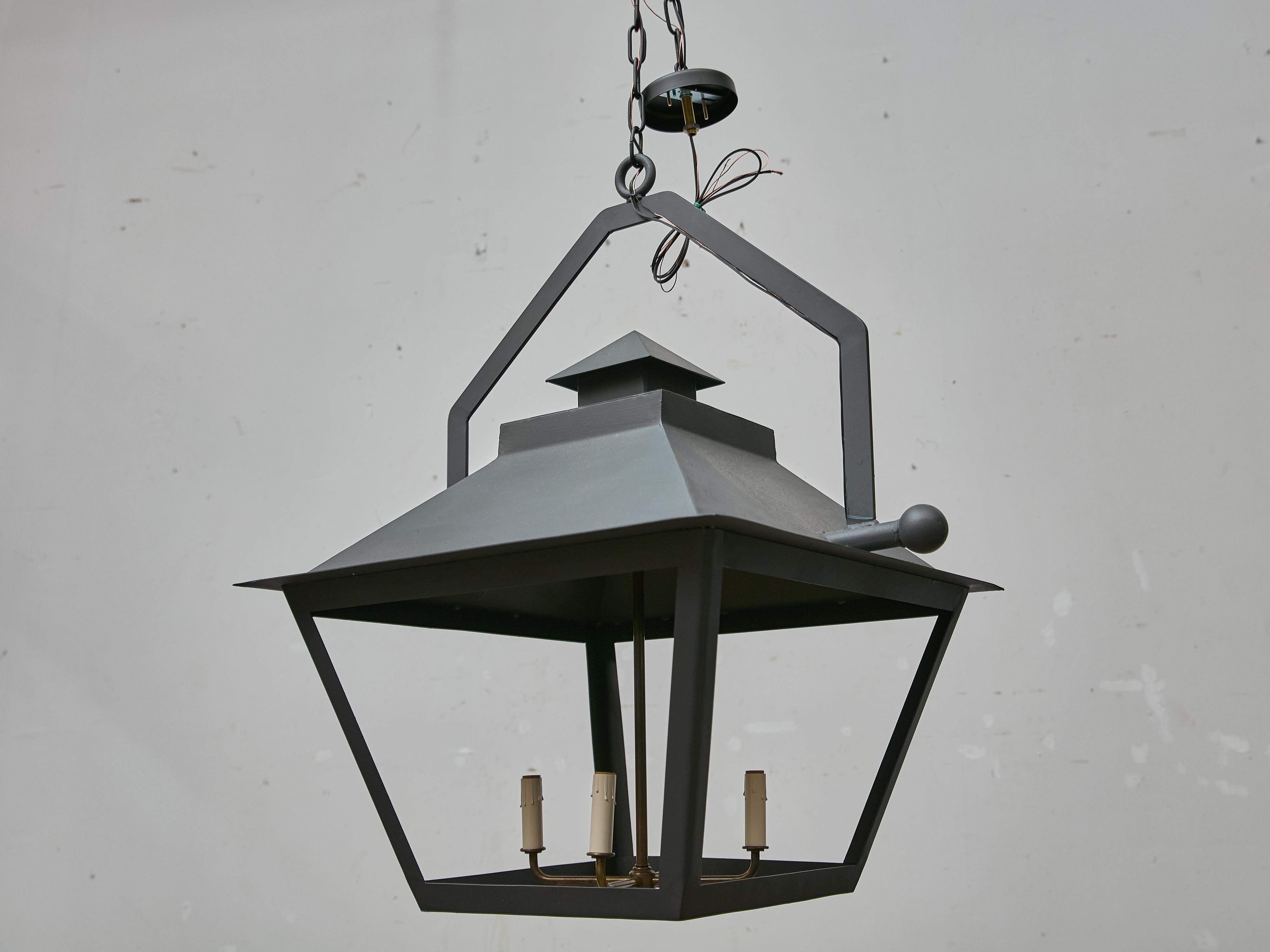 Pair of Large Iron Lanterns with Four Lights and Architectural Design For Sale 13