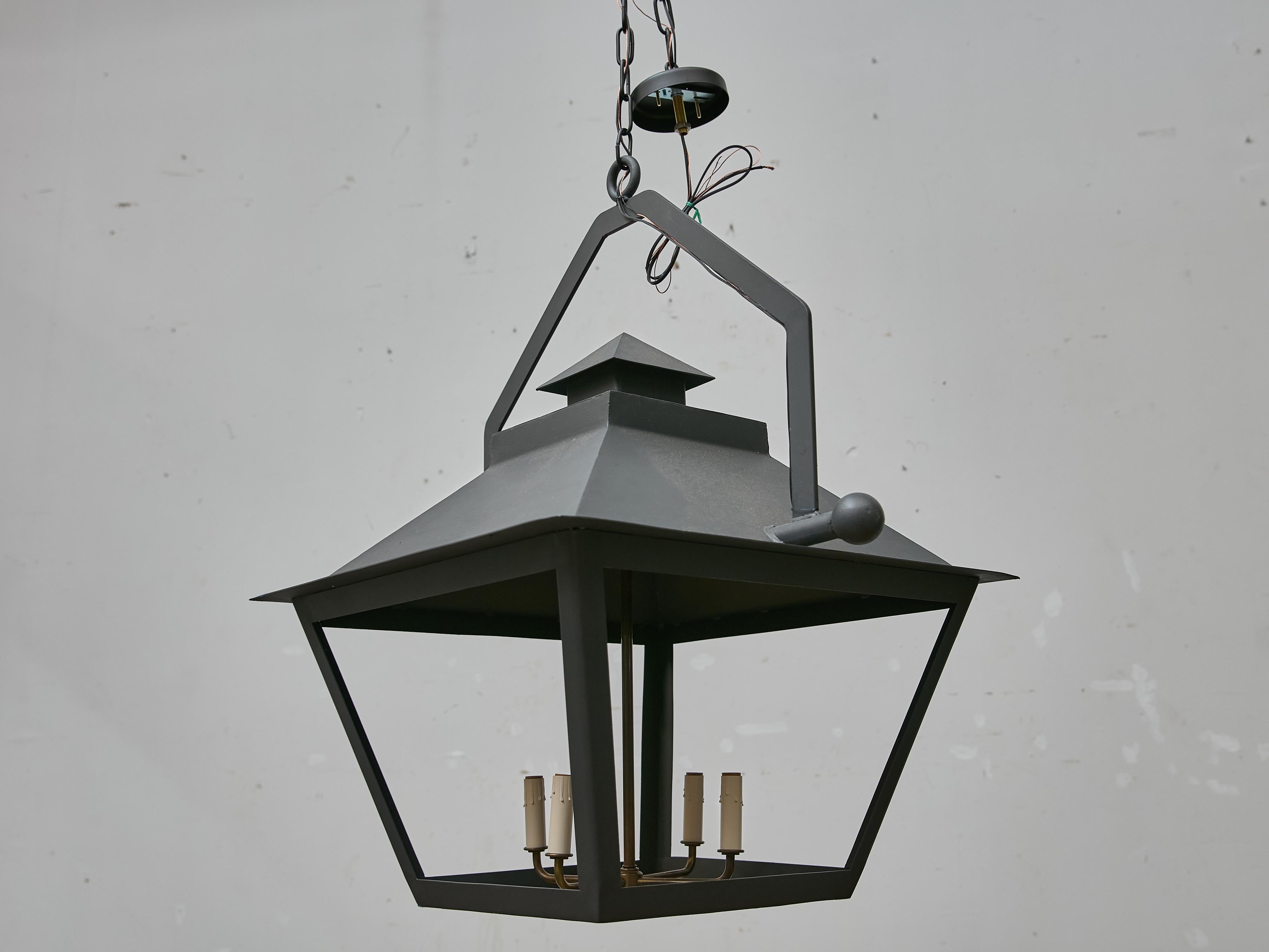 Pair of Large Iron Lanterns with Four Lights and Architectural Design For Sale 14