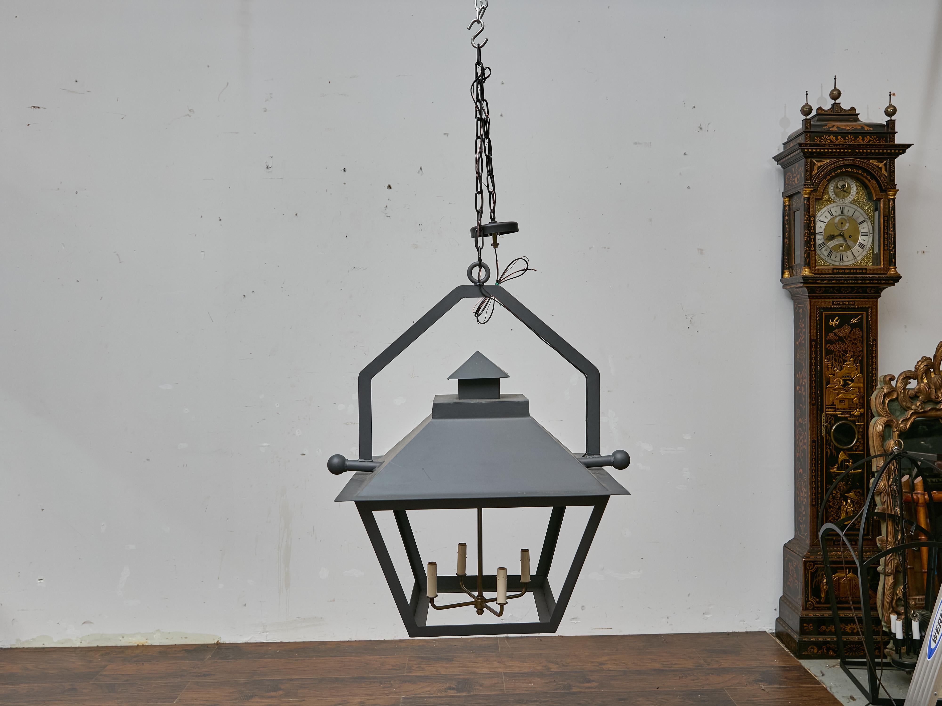 American Pair of Large Iron Lanterns with Four Lights and Architectural Design For Sale