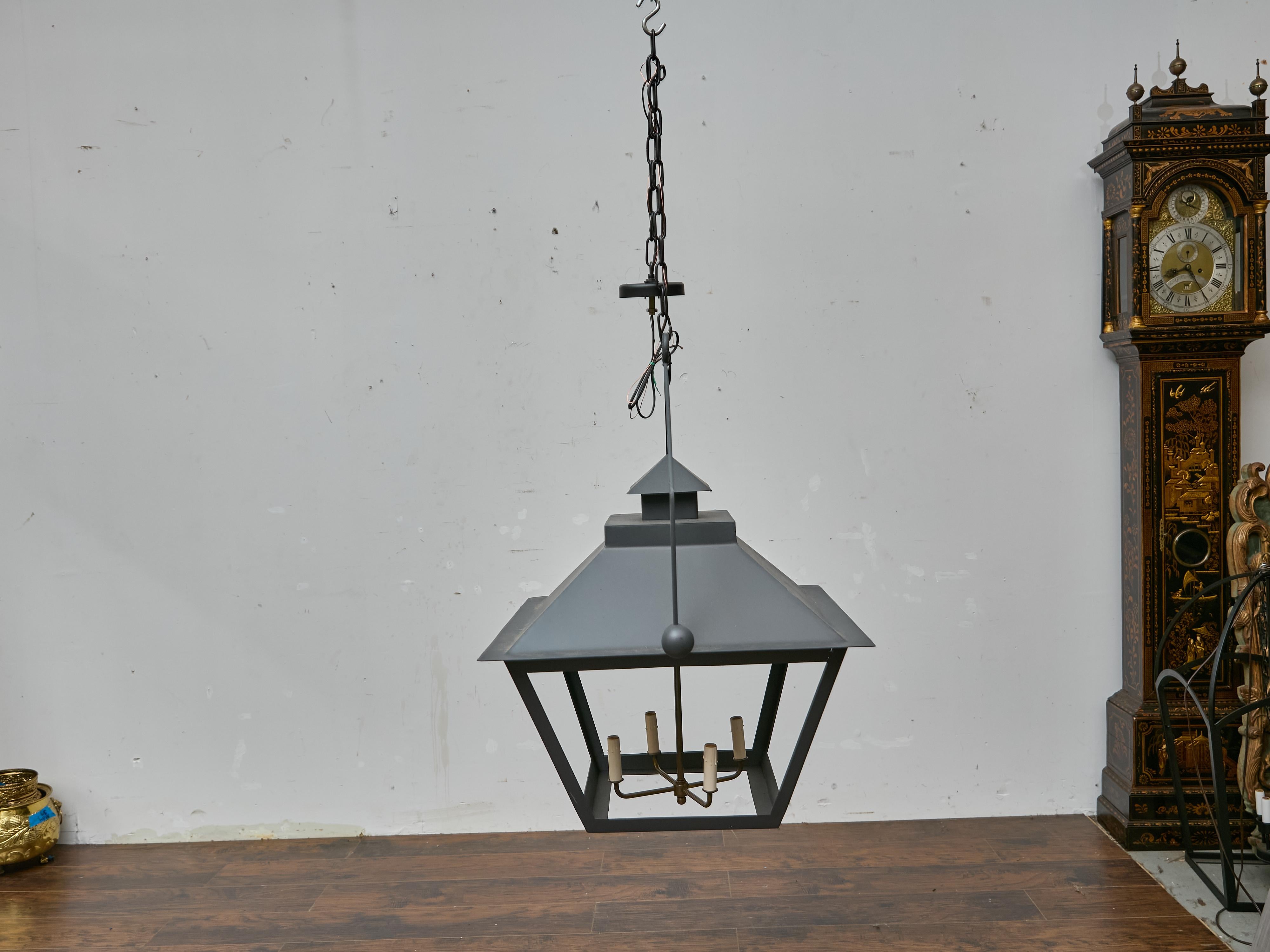 Pair of Large Iron Lanterns with Four Lights and Architectural Design In Good Condition For Sale In Atlanta, GA