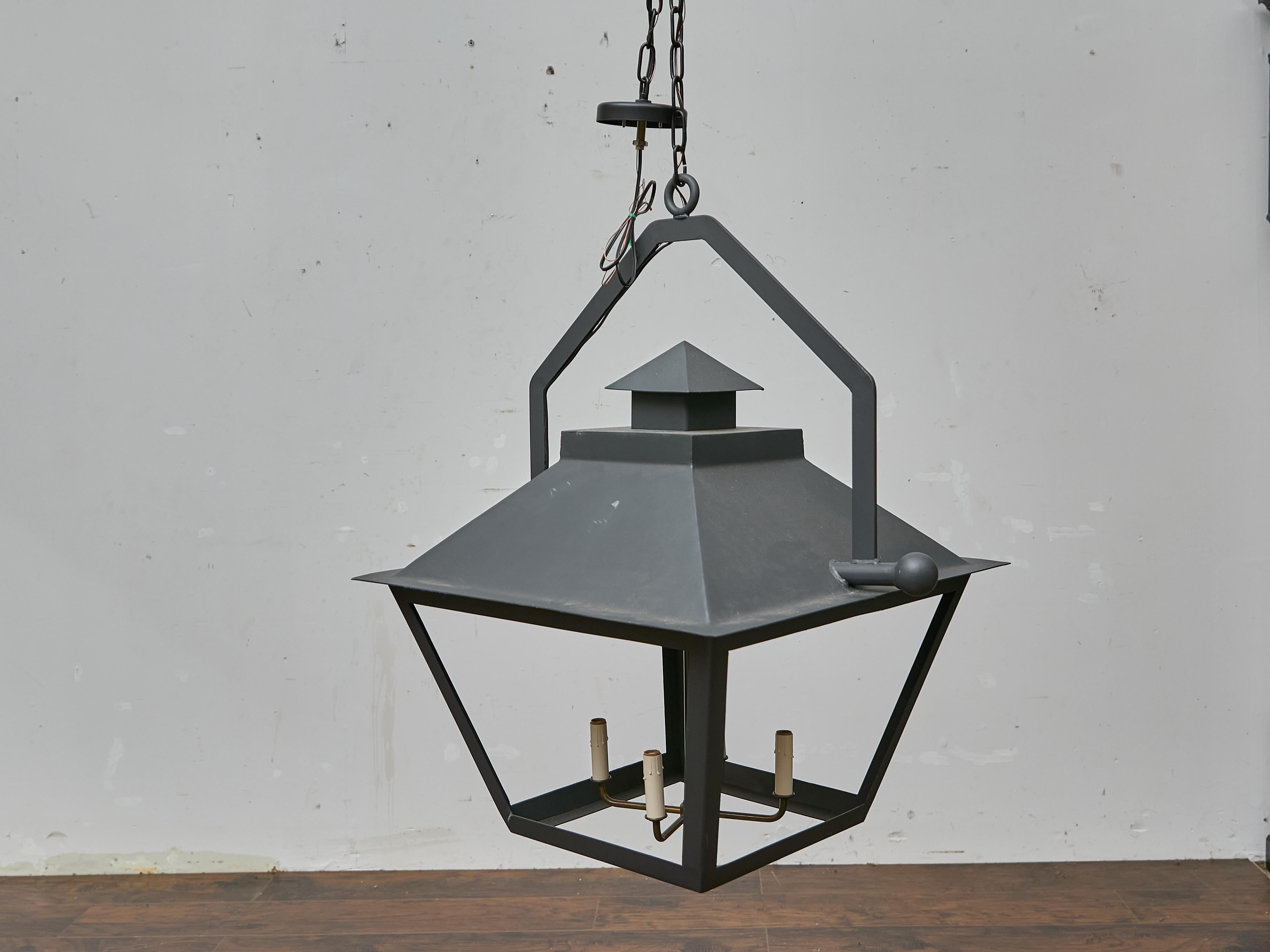 Contemporary Pair of Large Iron Lanterns with Four Lights and Architectural Design For Sale