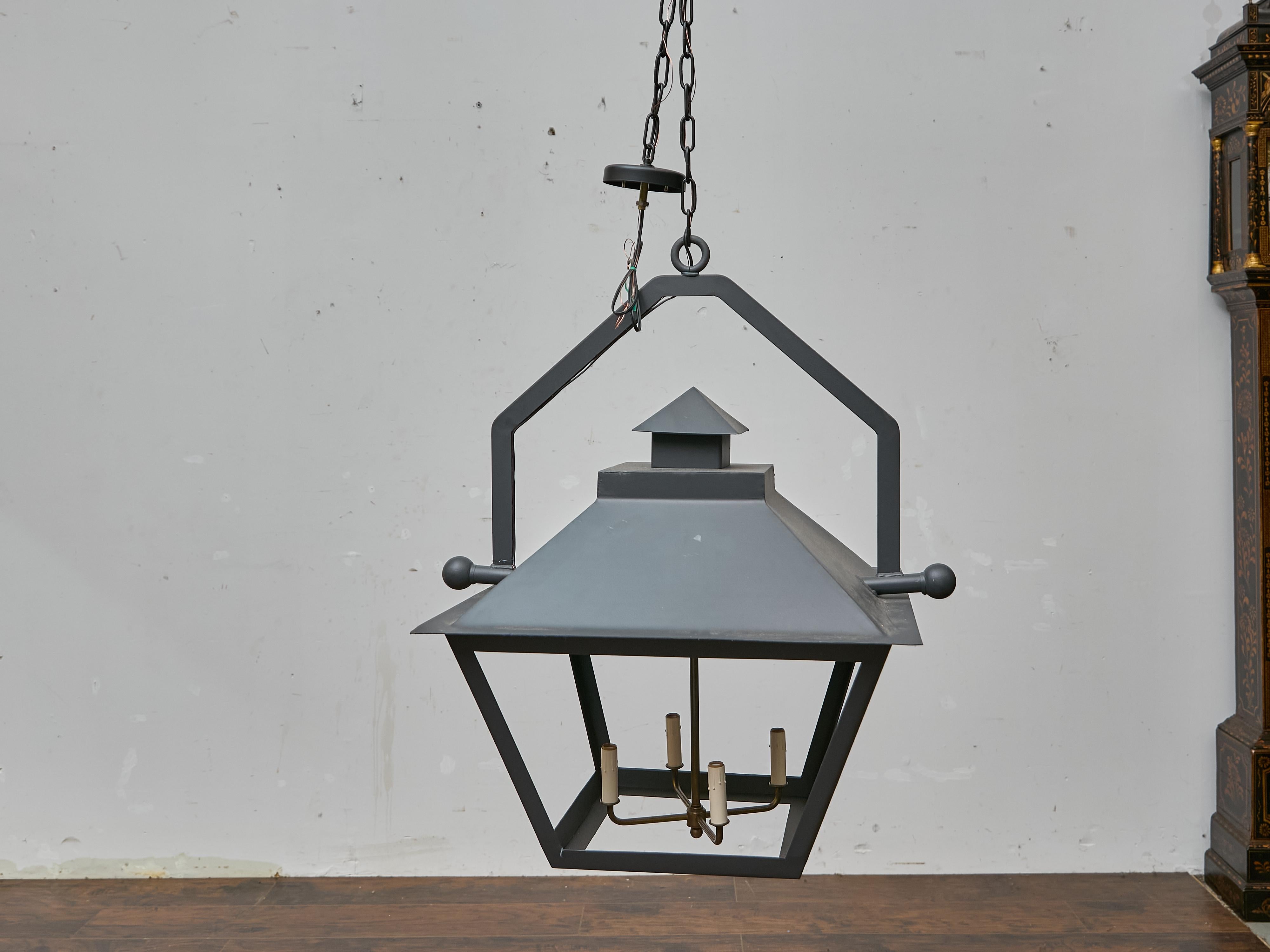 Pair of Large Iron Lanterns with Four Lights and Architectural Design For Sale 1