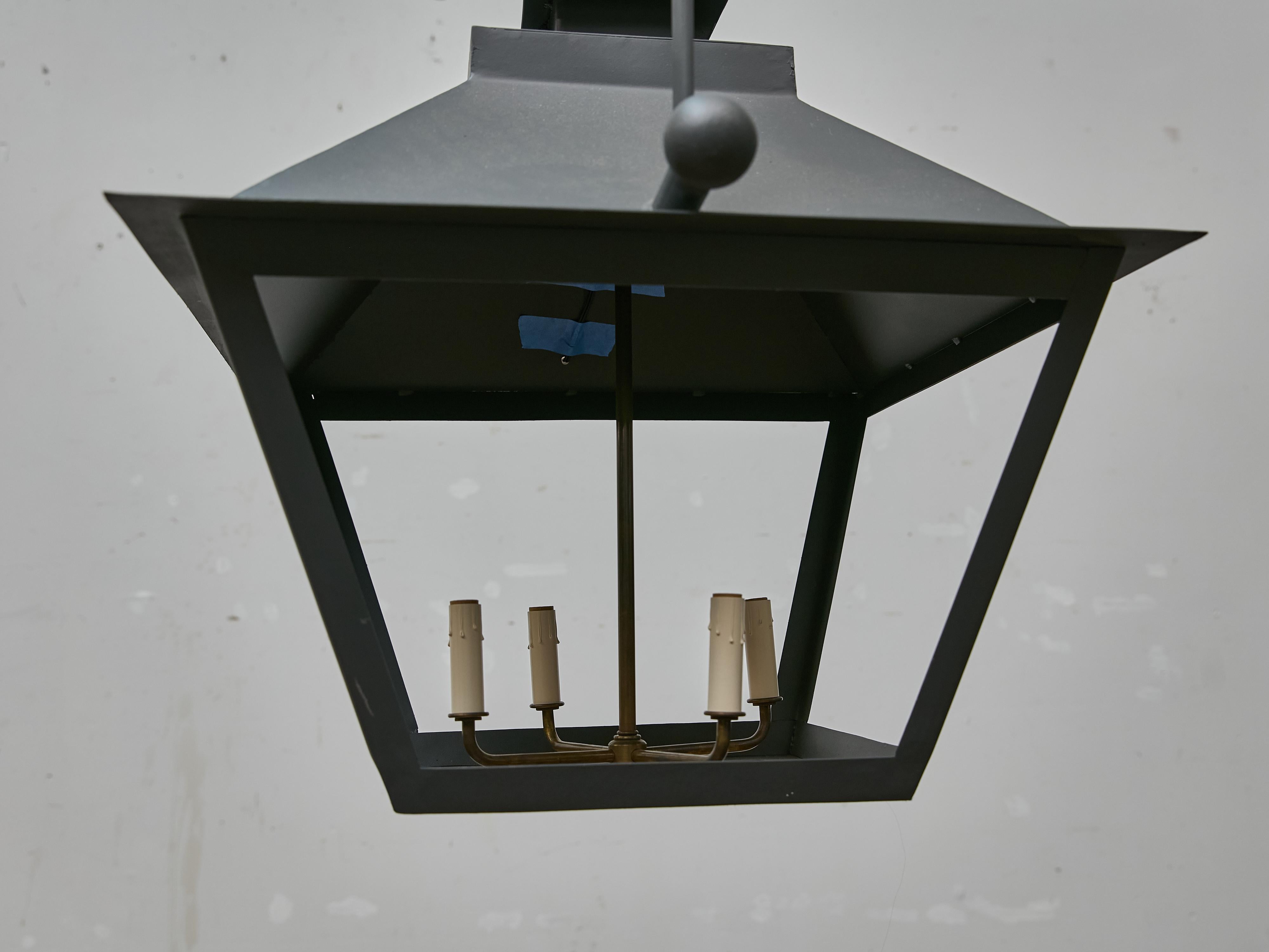 Pair of Large Iron Lanterns with Four Lights and Architectural Design For Sale 3