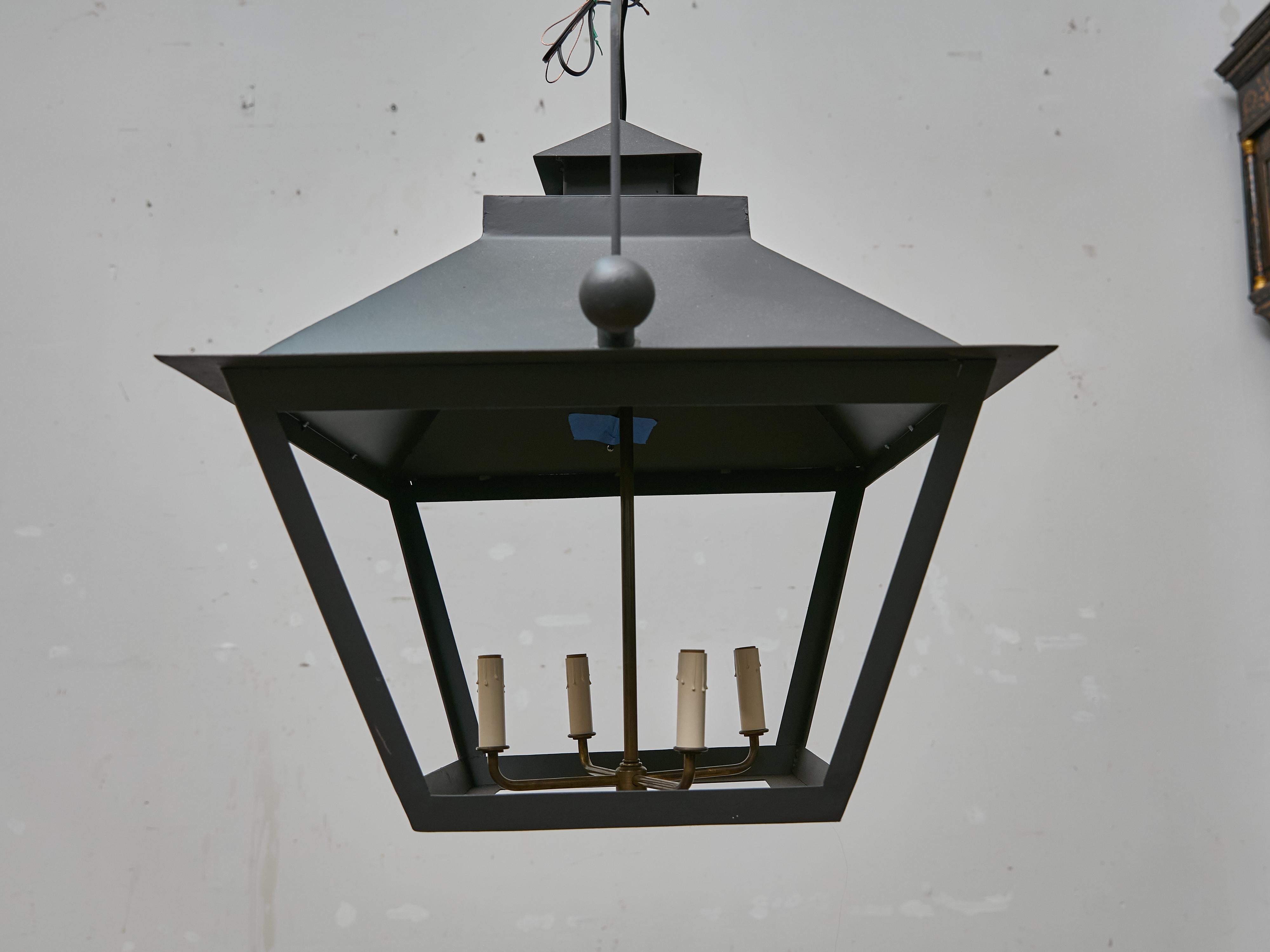 Pair of Large Iron Lanterns with Four Lights and Architectural Design For Sale 4