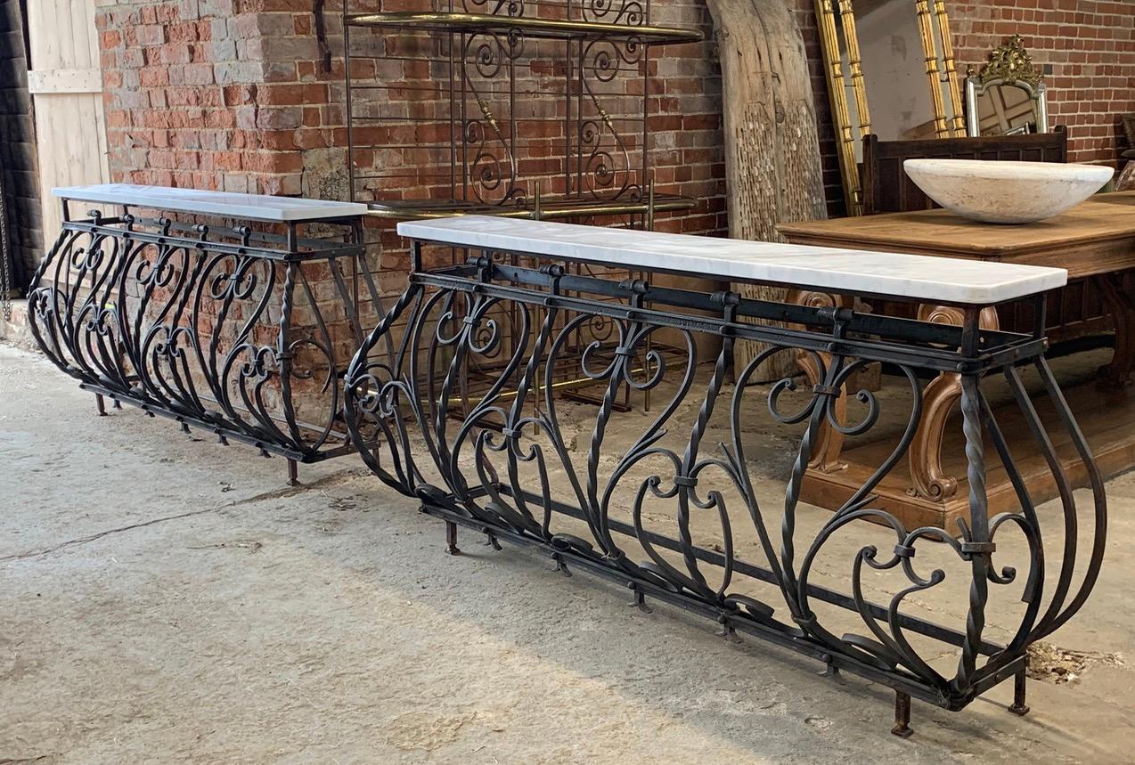 Hand-Crafted Pair of Large Iron & Marble French Console Tables