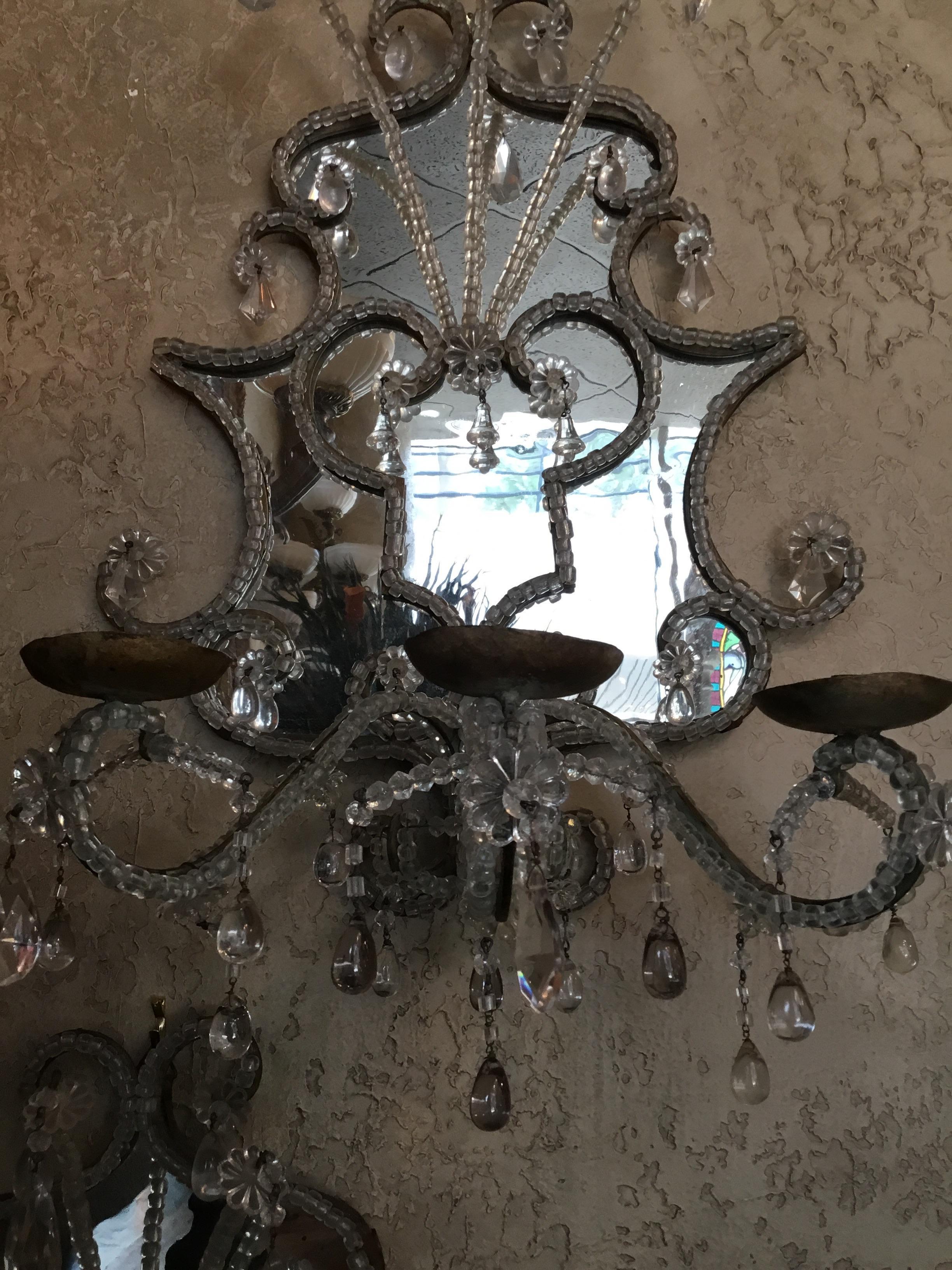 Italian Pair of Large Venetian  19th Century Mirrored  and Crystal Sconces For Sale
