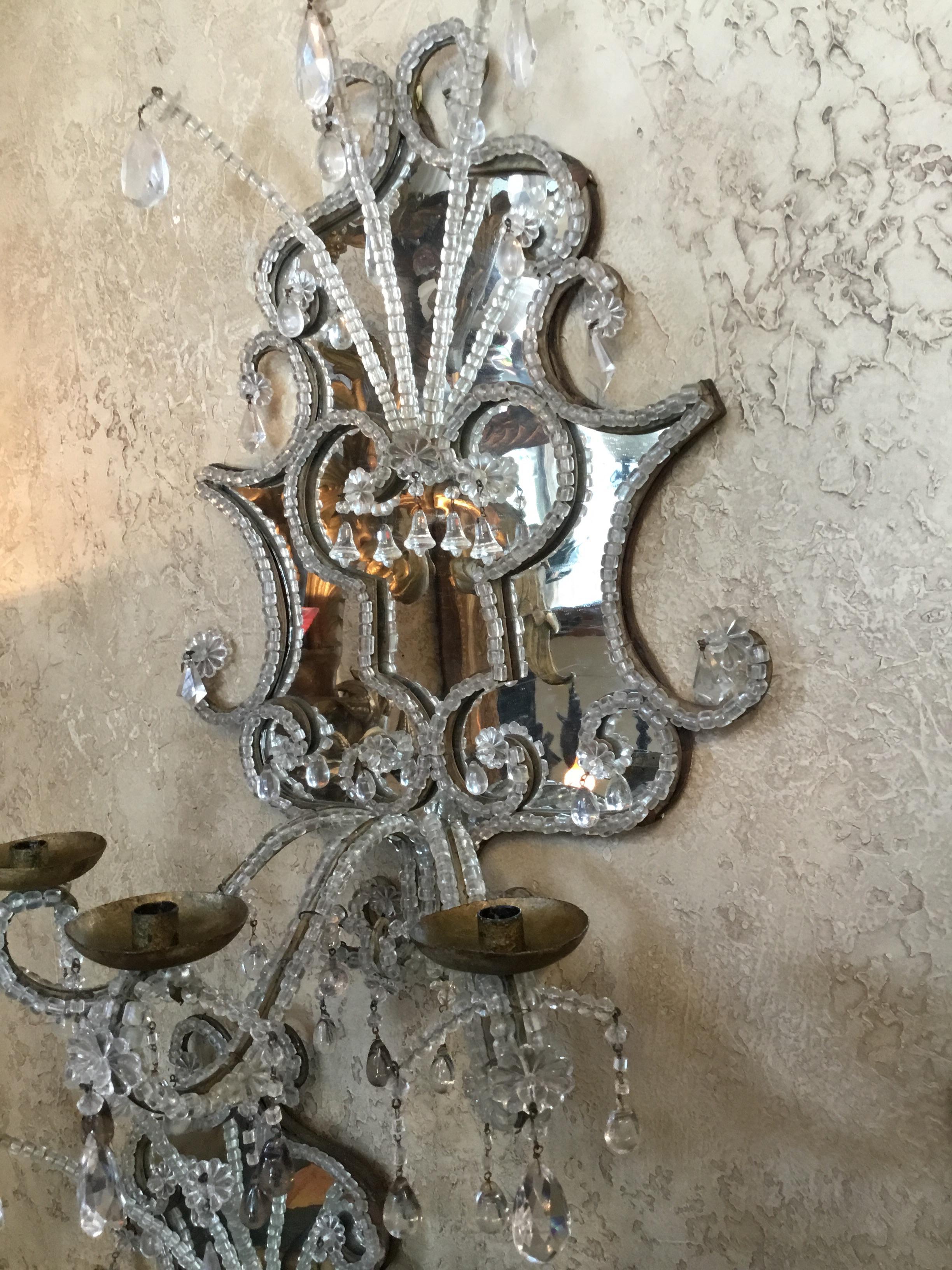 Pair of Large Venetian  19th Century Mirrored  and Crystal Sconces In Good Condition For Sale In Houston, TX
