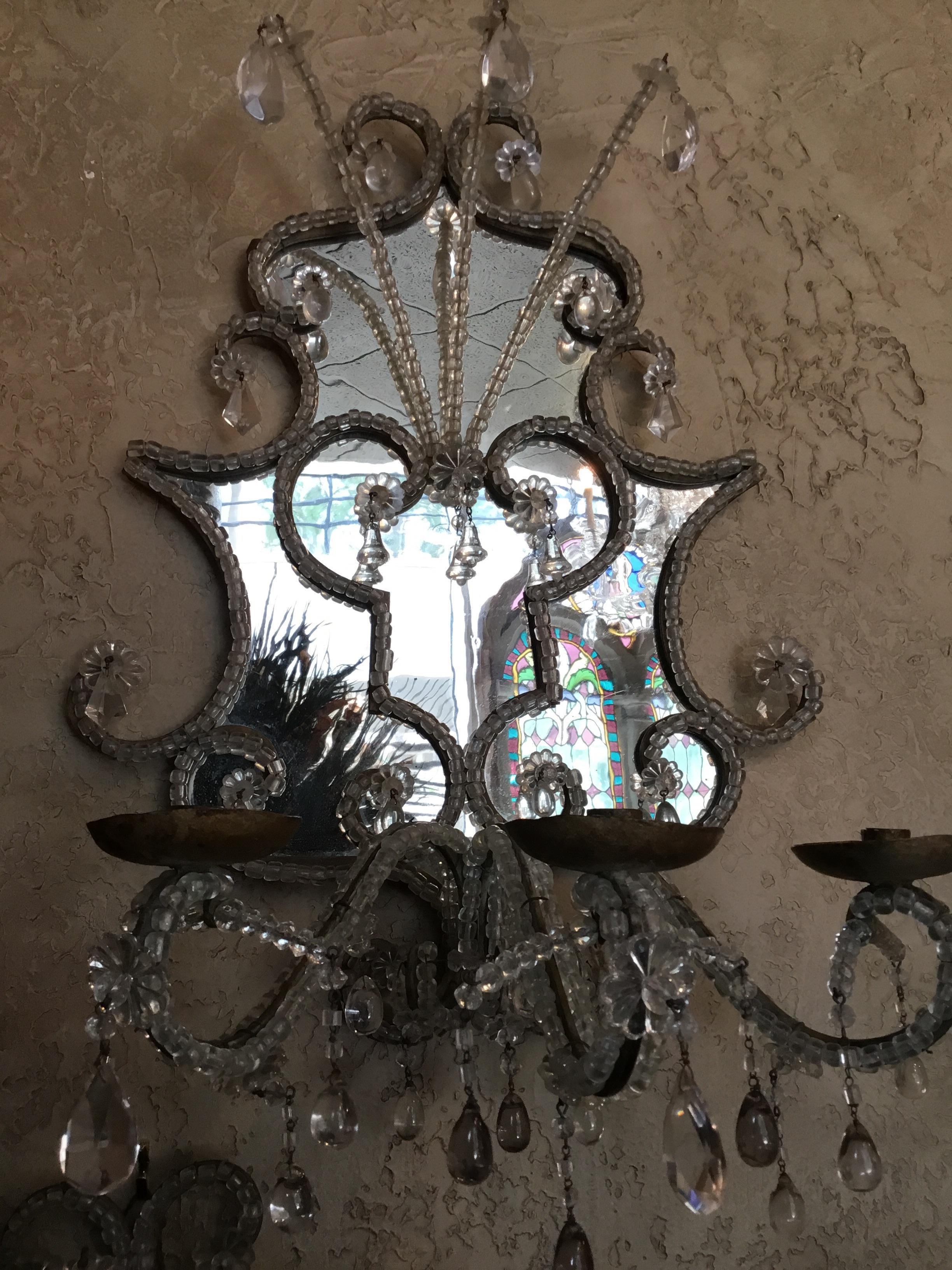 Pair of Large Venetian  19th Century Mirrored  and Crystal Sconces For Sale 1