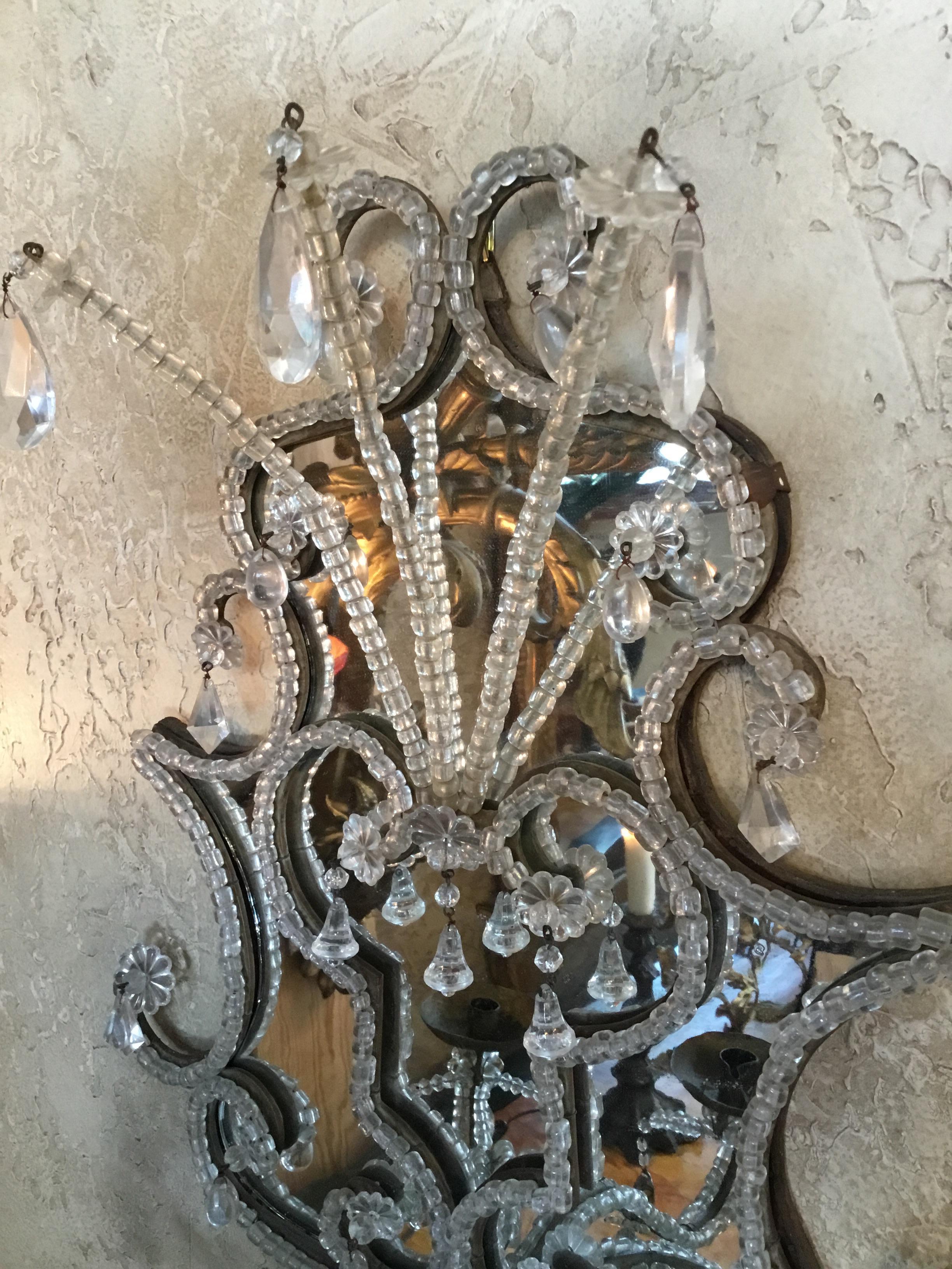 Pair of Large Venetian  19th Century Mirrored  and Crystal Sconces For Sale 2