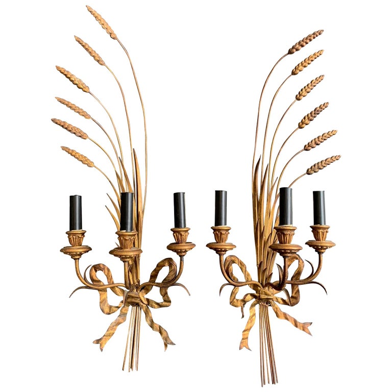 Pair of Large Italian, 1950s Gilt Metal Wheat Sheaf Wall Sconces For Sale