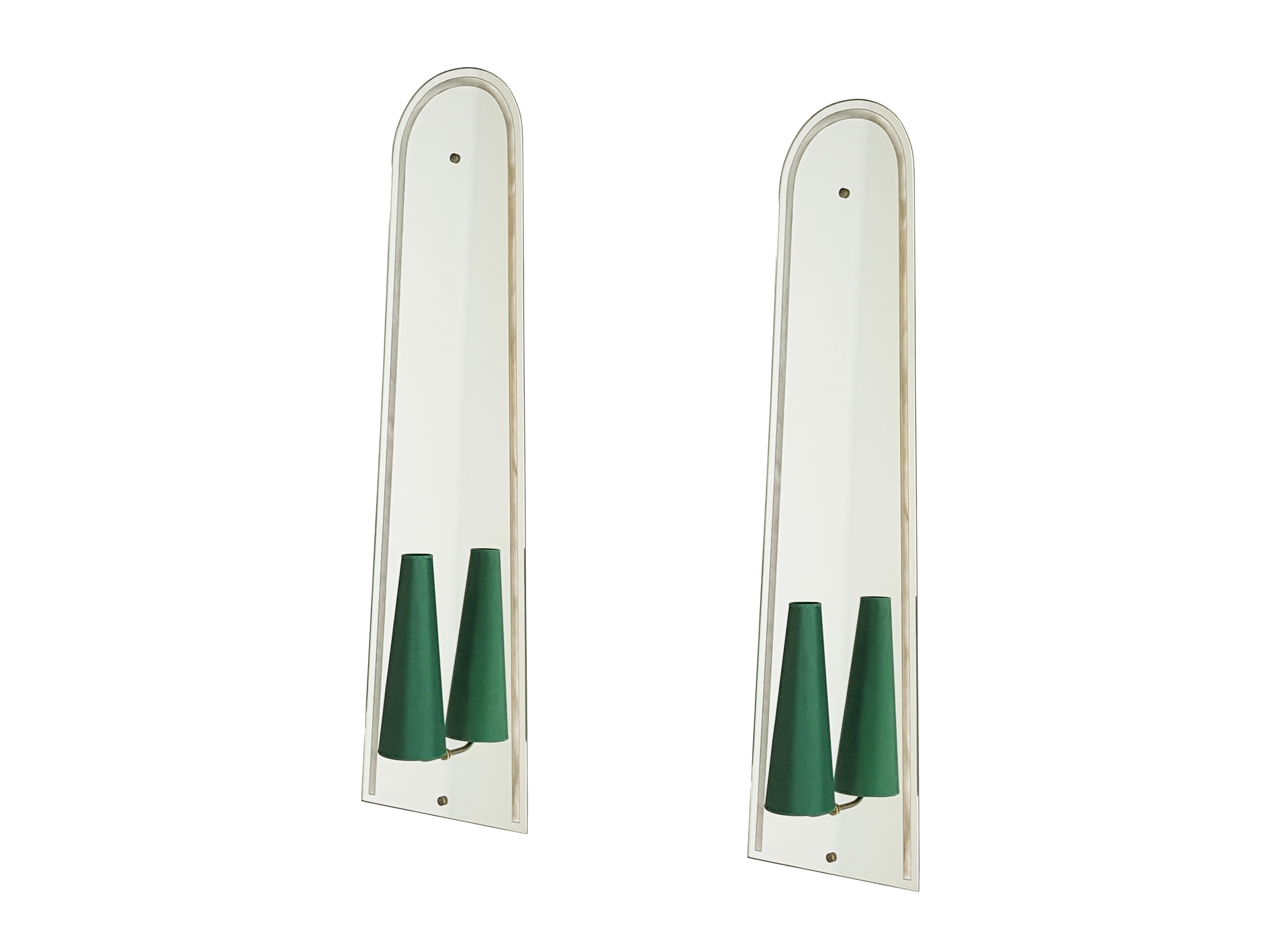 Pair of Large Italian 1950s Wall Mirrored Sconces with Dark Green Shades For Sale 5