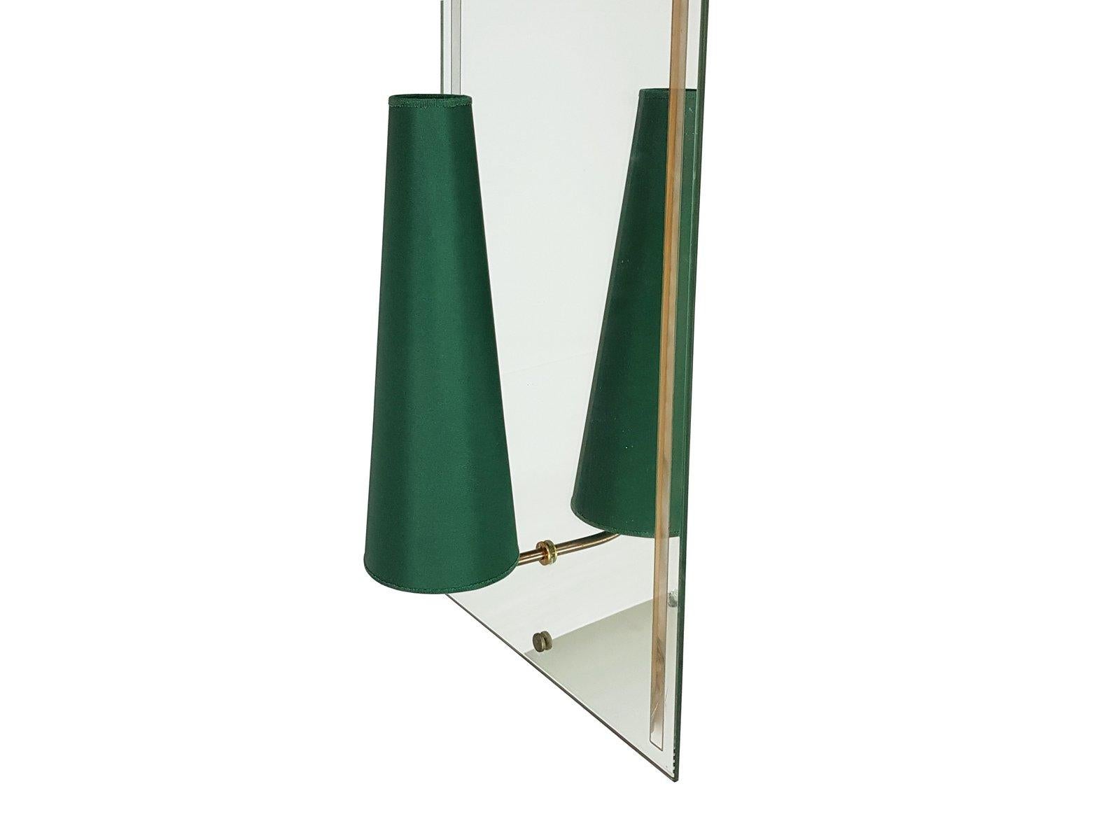 Mid-20th Century Pair of Large Italian 1950s Wall Mirrored Sconces with Dark Green Shades For Sale