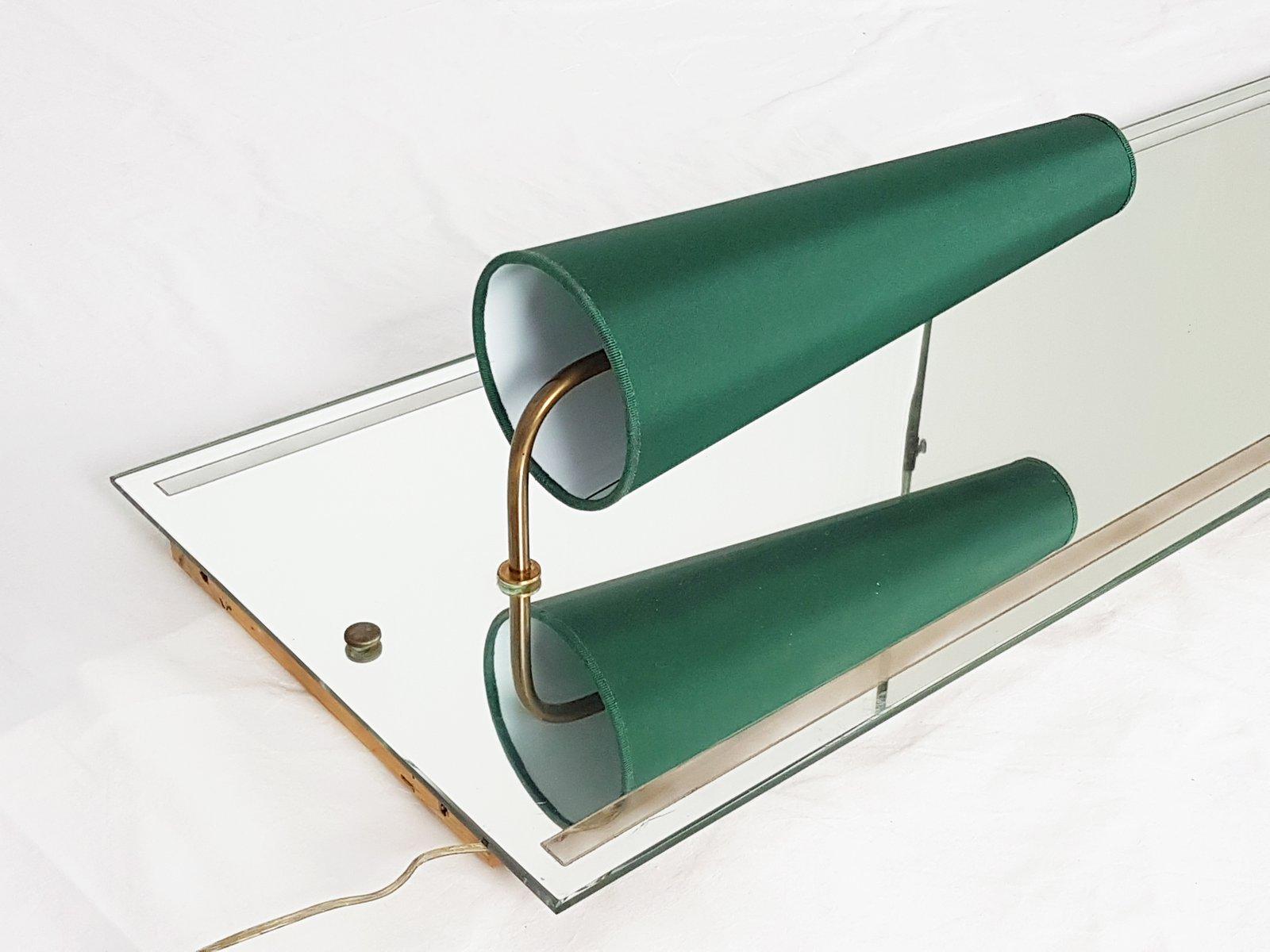 Brass Pair of Large Italian 1950s Wall Mirrored Sconces with Dark Green Shades For Sale