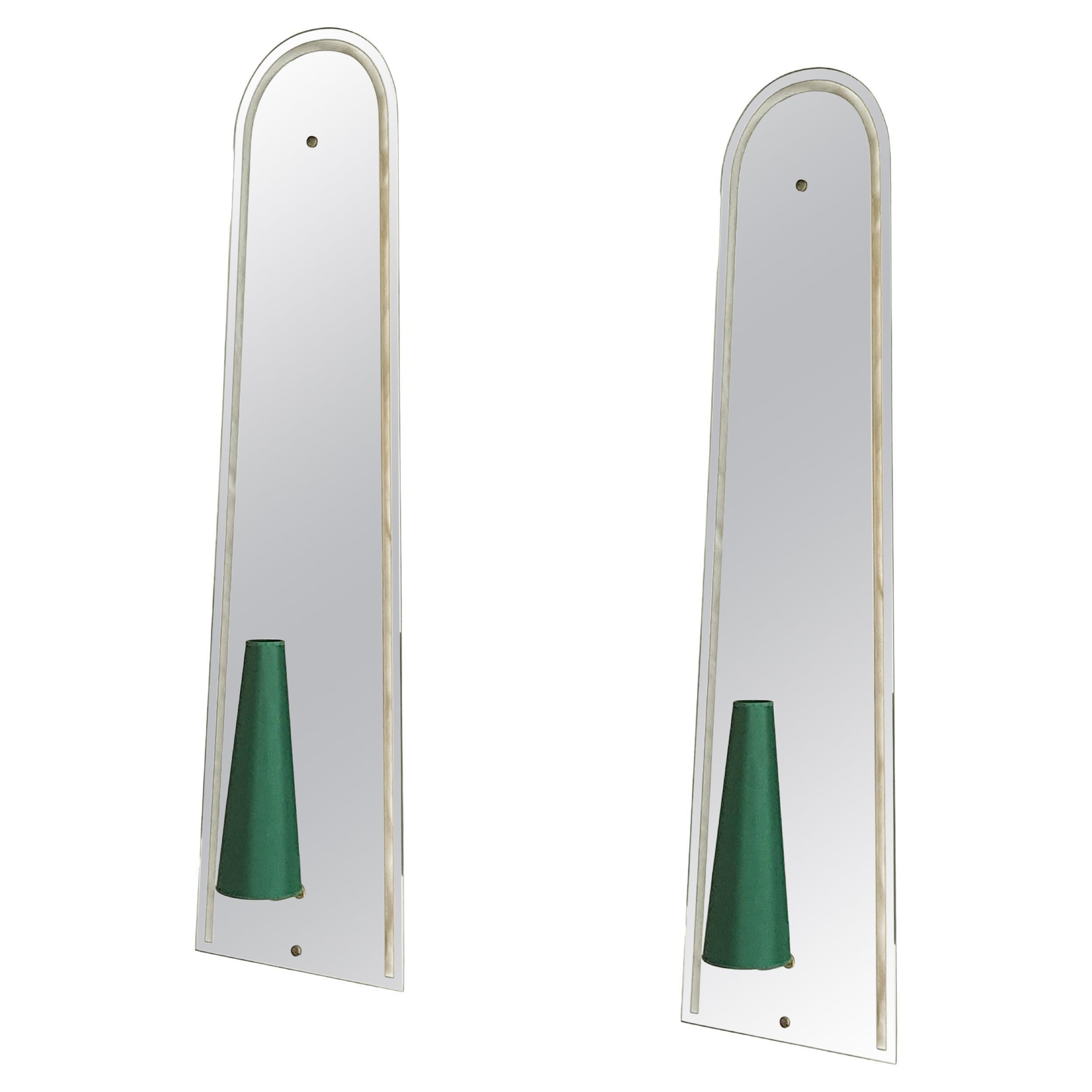 Pair of Large Italian 1950s Wall Mirrored Sconces with Dark Green Shades For Sale