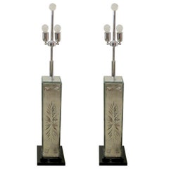 Pair of Large Italian 1980s Venetian Etched Mirrored Table Lamps Inc Shades