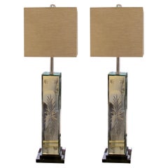 Pair of Large Italian 1980s Venetian Etched Mirrored Table Lamps Inc Shades