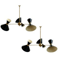 Pair of Large Italian Adjustable Brass Modernist Chandeliers in Stilnovo Style
