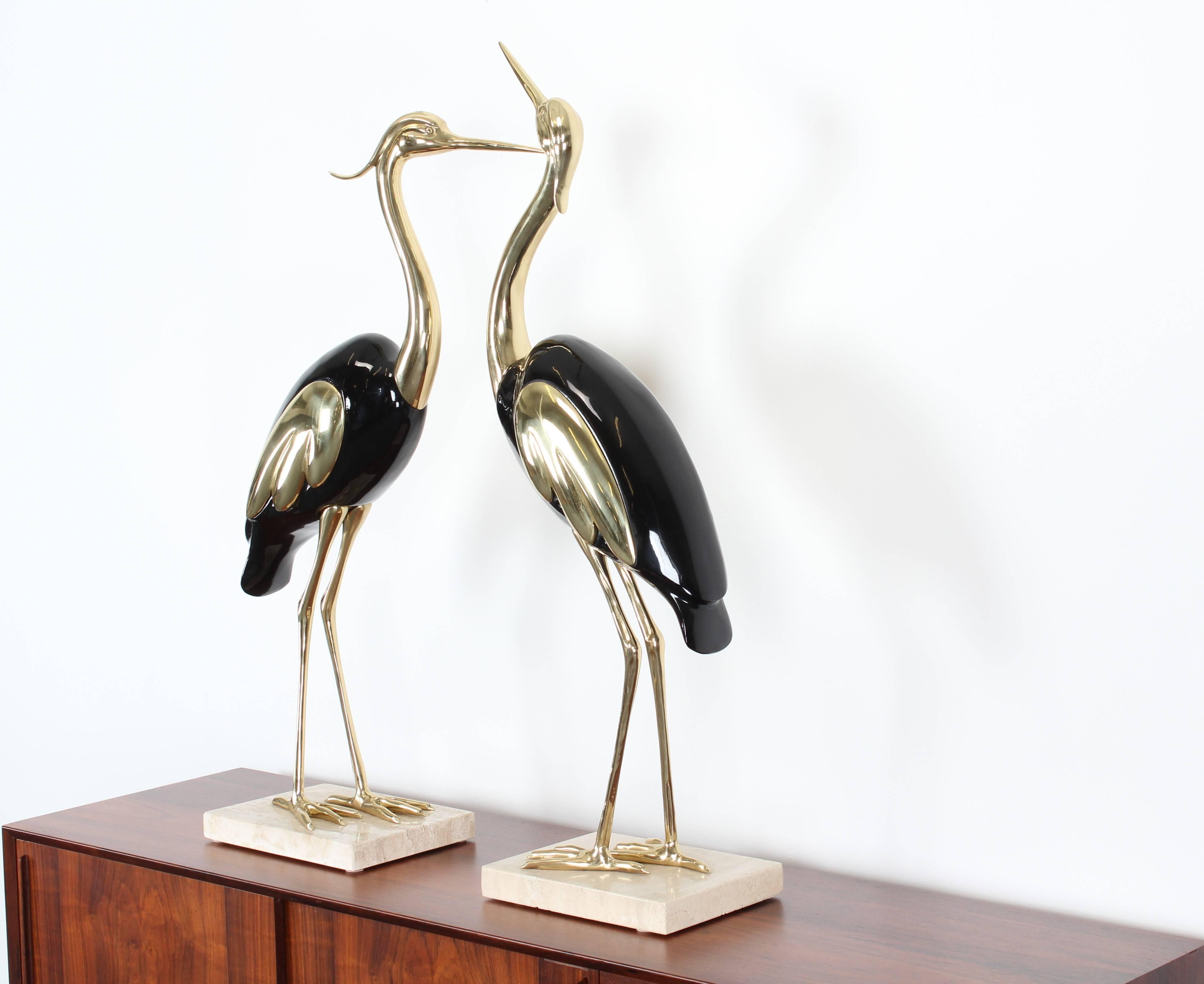 Mid-Century Modern Pair of Large Italian Antonio Pavia Style Cranes or Egrets on Marble Base, 1980s